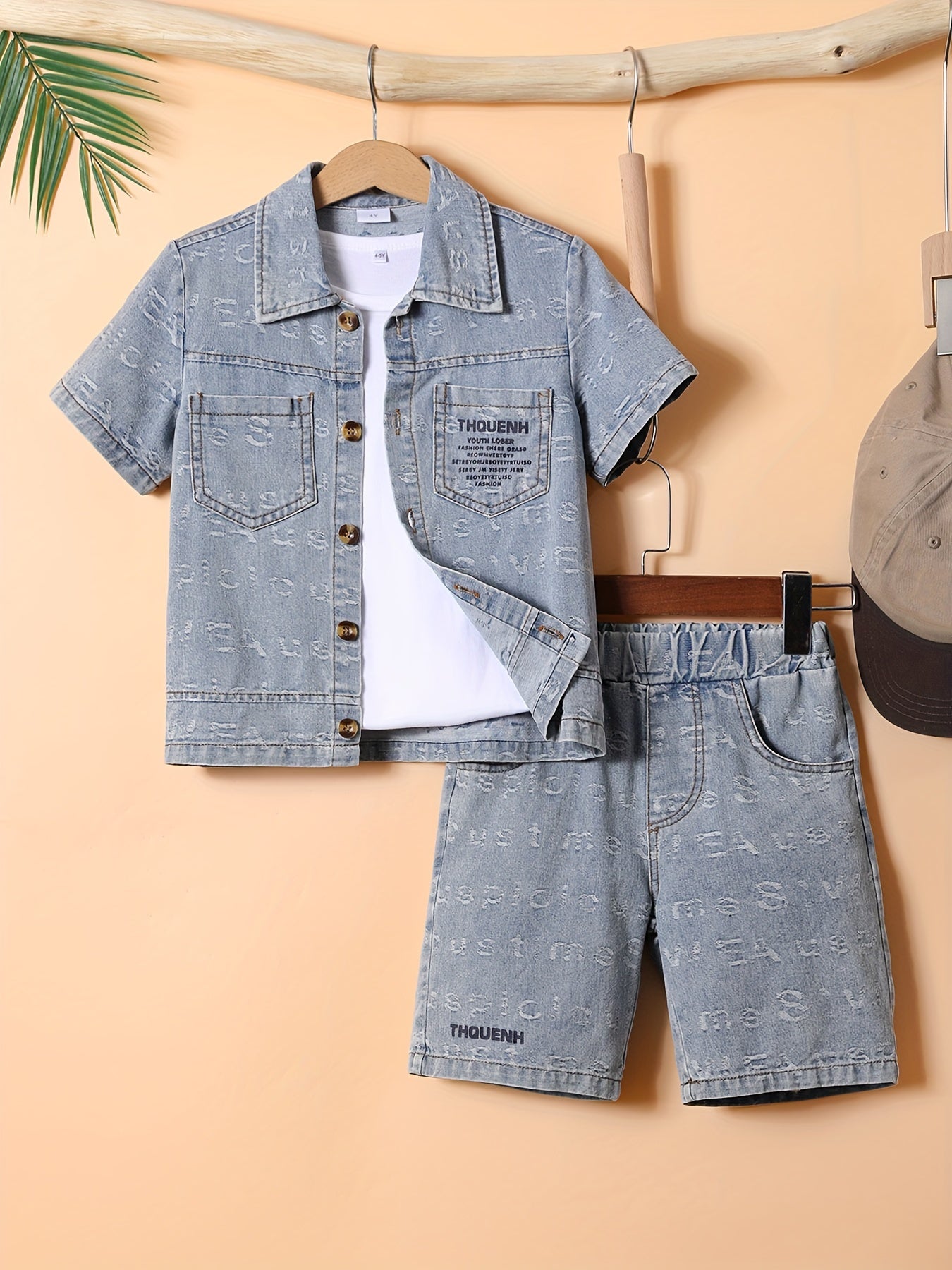 2pcs Boys Casual Letter Jacquard Print Denim Outfit, Versatile Short Sleeve Jacket & Shorts Set, Cool, Lightweight And Comfy Summer Clothes For Outdoor Wear