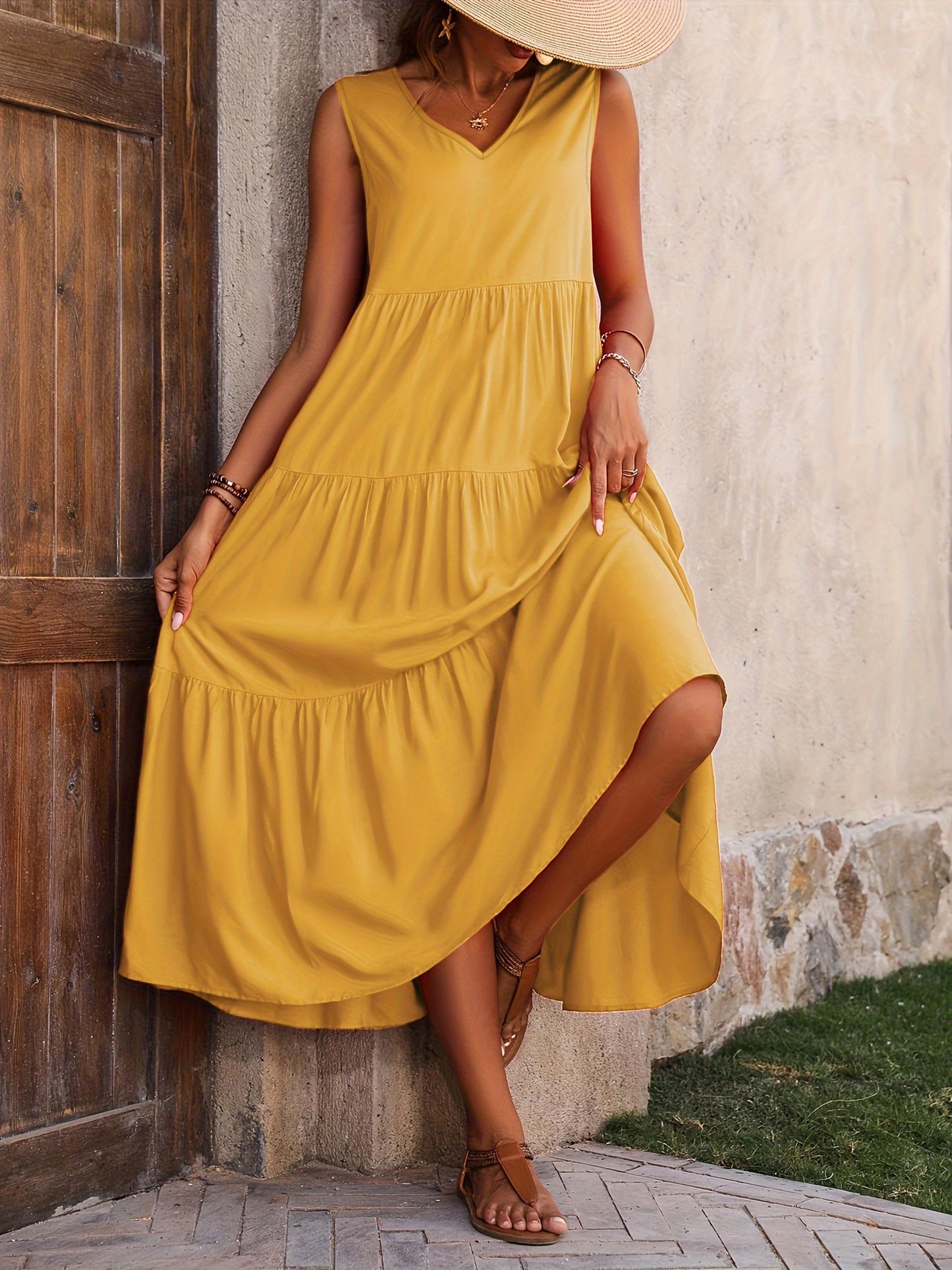 V Neck Tiered Tank Dress, Casual Sleeveless Loose Tank Dress For Spring & Summer, Women's Clothing