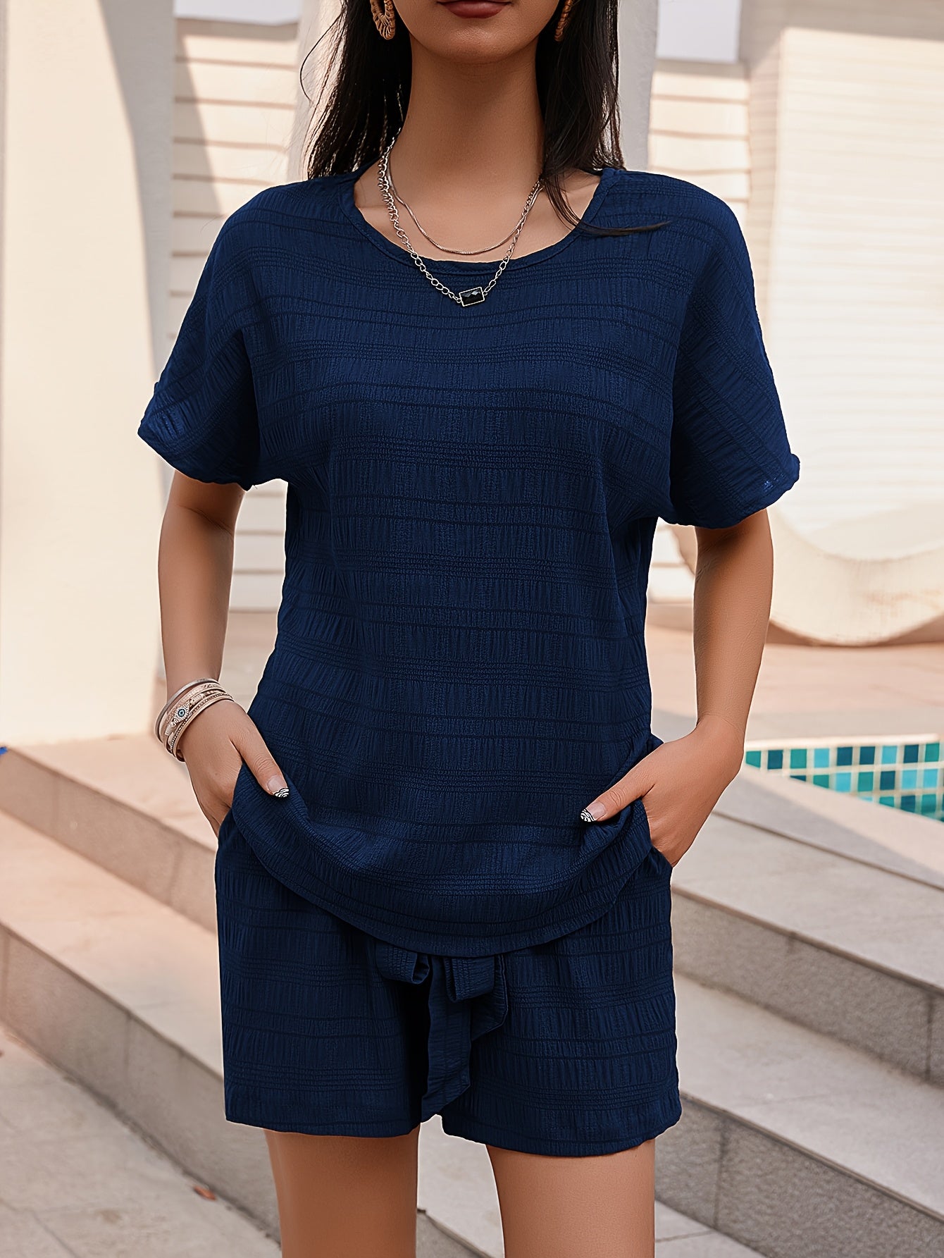 Women's Elegant Two-Piece Set: Teal Textured Short Sleeve Round Neck Top with Pocket & Tie-Waist Shorts - Polyester, Machine Washable