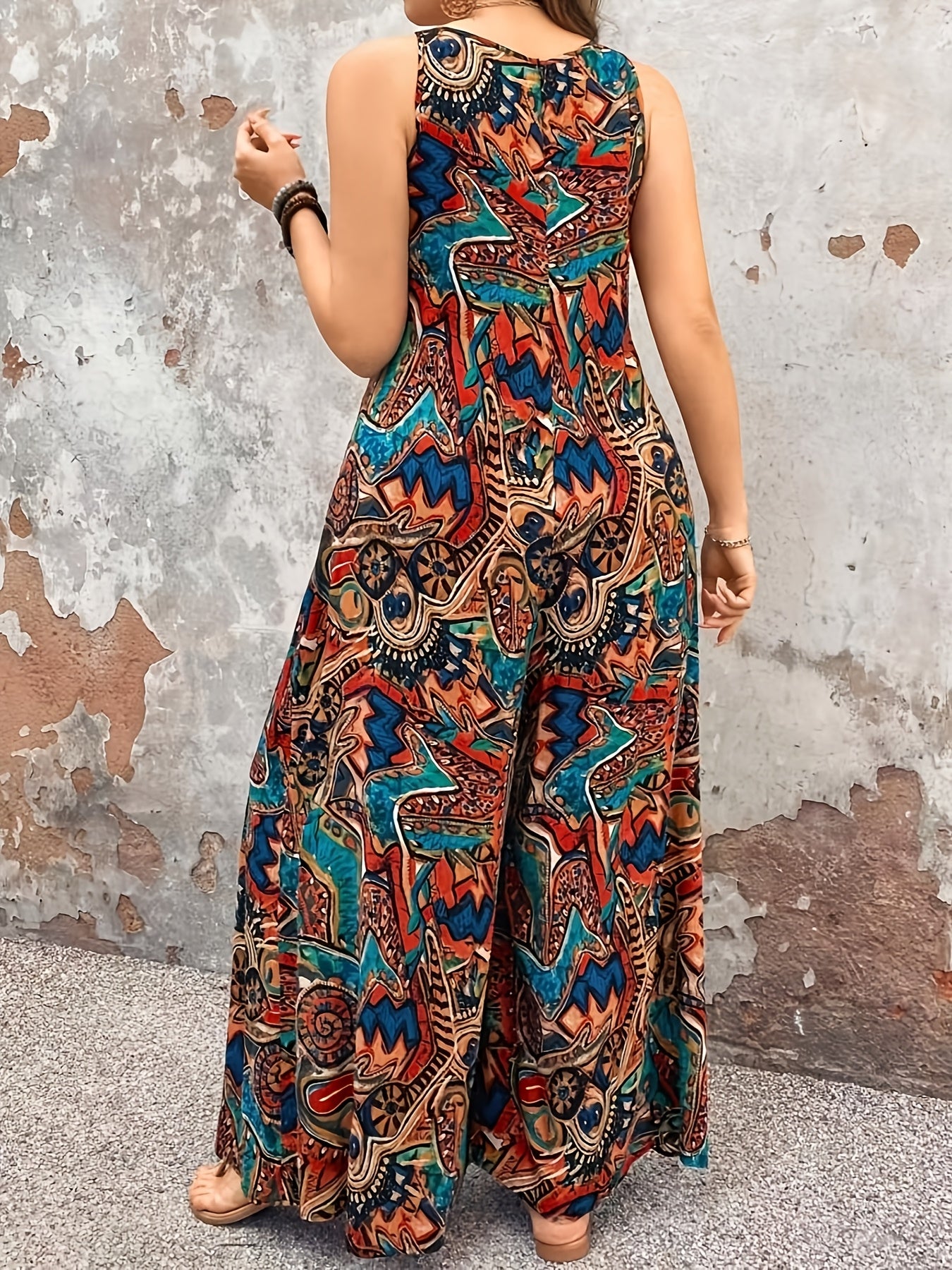 Plus Size Women's Elegant V-Neck Paisley Print Jumpsuit - Bohemian Ethnic Style Machine Washable Midi Jumpsuit for Casual & Formal Occasions, Ladies Jumpsuit, Versatile Fashion, Medium Stretch Fabric