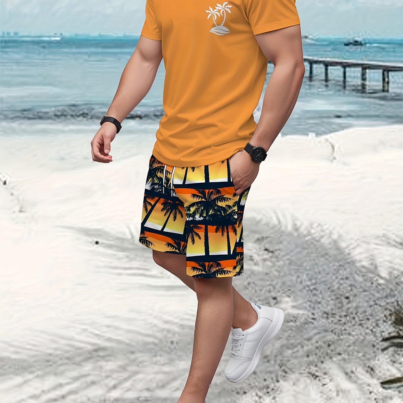 Men'S 2pcs Summer Beach Suit, Hawaiian Coconut Tree Print, Casual Crew Neck T-Shirt & Drawstring Shorts, Polyester Knit Fabric, Regular Fit, All Over Print, Outdoor Leisure Set
