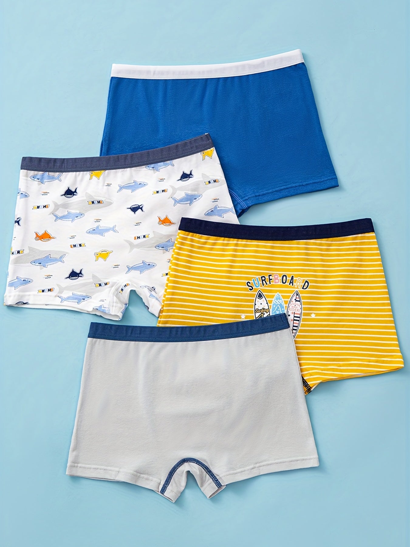 4pcs Soft Cotton Blend Boys' Boxer Briefs - Cute Cartoon Shark & Fish Designs, Comfortable & Breathable, Mixed Colors with Elastic Waistband - Ideal for All Seasons, Boxer Shorts