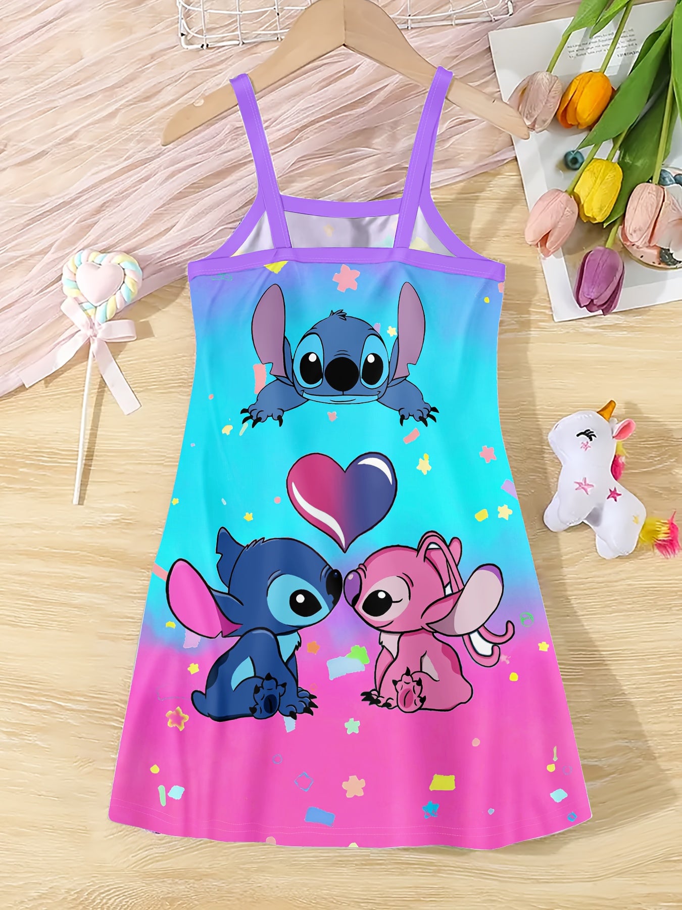 Kids' Stitch & Lilo Rainbow Spaghetti Dress - Lightweight & Breathable with Vibrant 3D Cartoon Print, Soft & Comfortable Sleeveless Design for Spring, Summer, and Fall Outdoor Fun