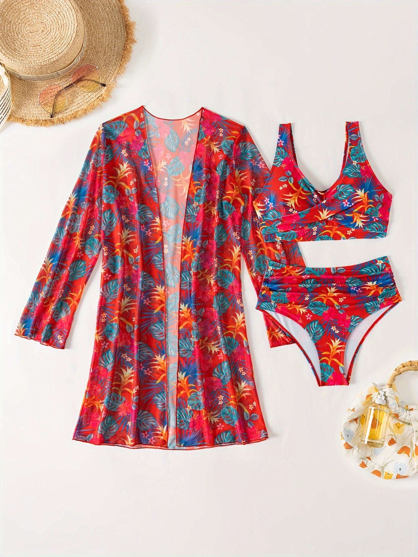 Women's 2025 New Bikini Set, 3-Piece, V-Neck, High Elasticity, Floral Print, Long Sleeves, Sheer Mesh, Knit Fabric, Swimwear, Beachwear