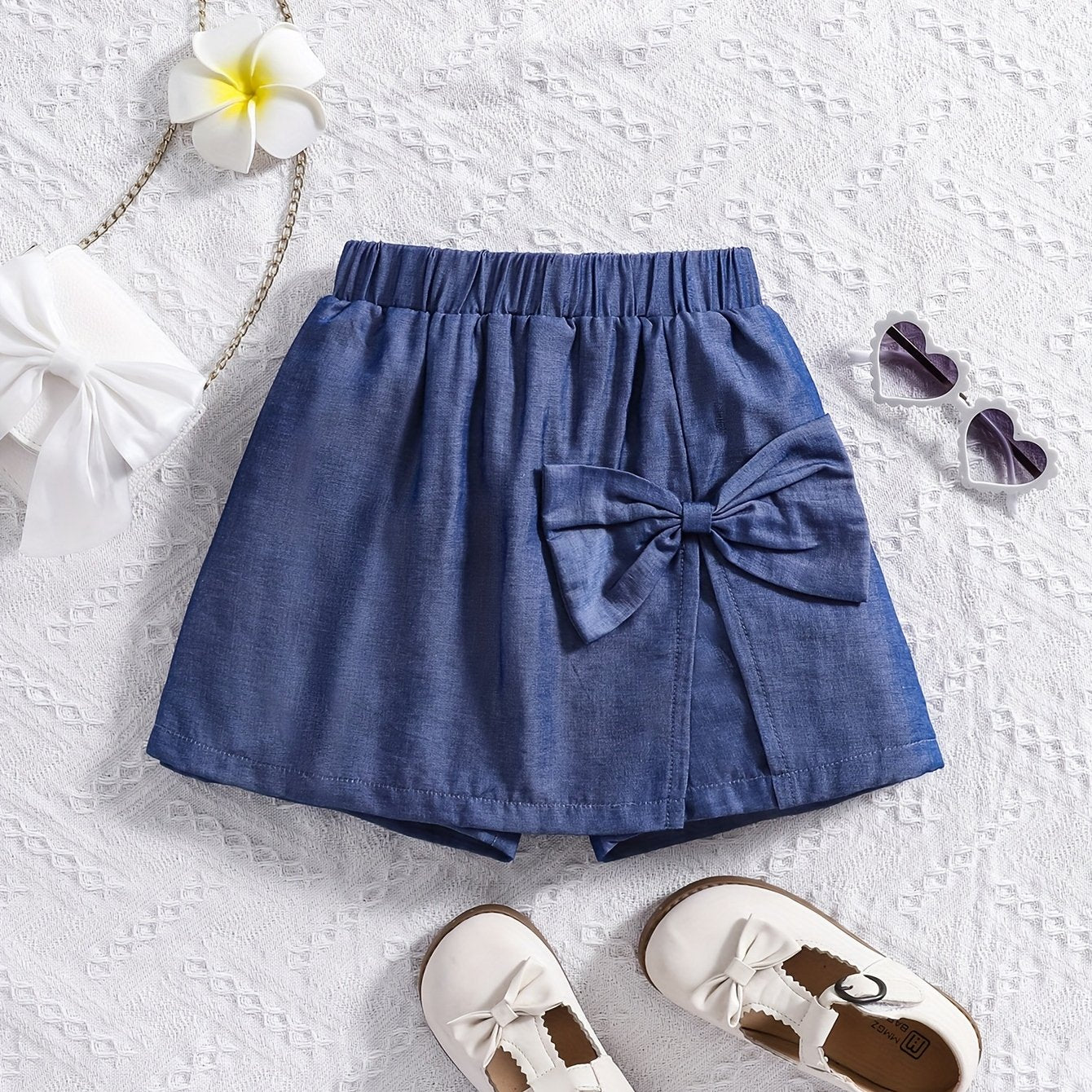 Girls' Elegant Faux Denim Shorts with Front Bow Detail - Stylish Rayon Blend, Comfortable Summer Casual Wear for Youngsters, Perfect for Parties and Outdoor Activities, Party Wear Shorts | Playful Accessory | Nontransparent M
