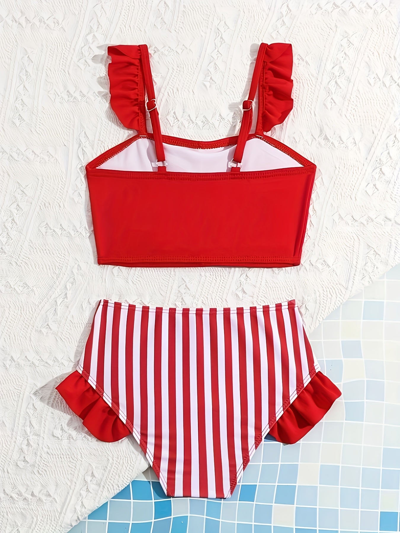 Girls Solid Color Pleated Bikini Set Top Striped Triangle Bottom Bikini Set Summer Beach
