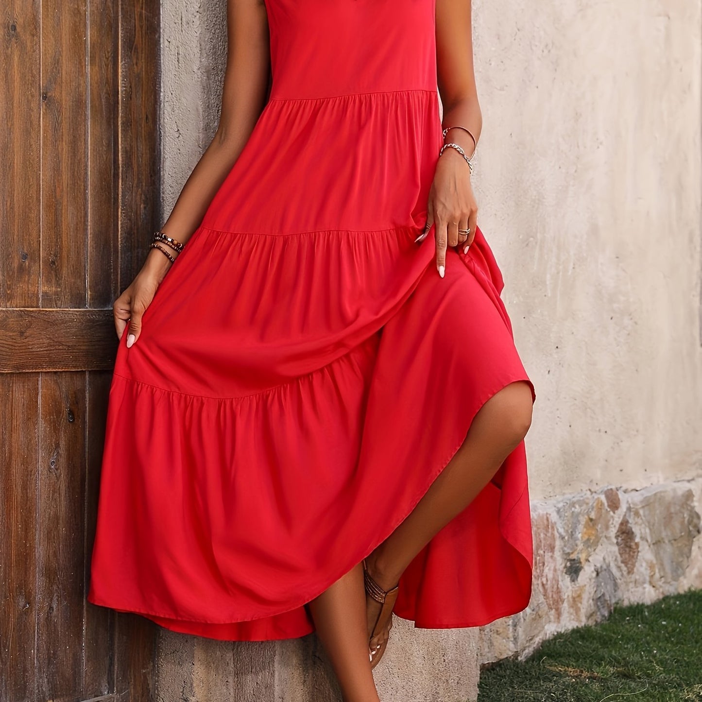 V Neck Tiered Tank Dress, Casual Sleeveless Loose Tank Dress For Spring & Summer, Women's Clothing