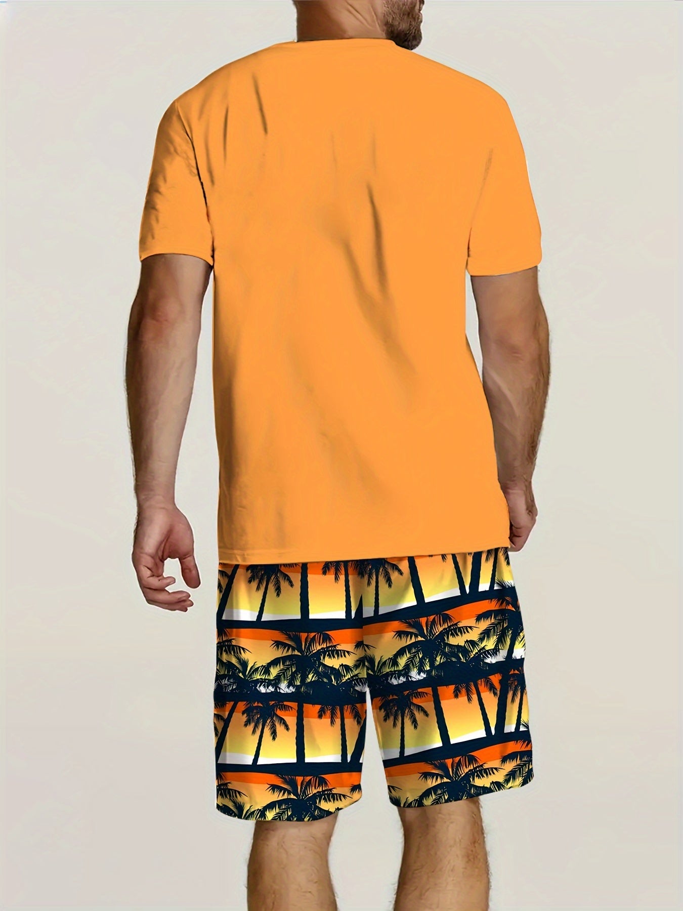 Men'S 2pcs Summer Beach Suit, Hawaiian Coconut Tree Print, Casual Crew Neck T-Shirt & Drawstring Shorts, Polyester Knit Fabric, Regular Fit, All Over Print, Outdoor Leisure Set