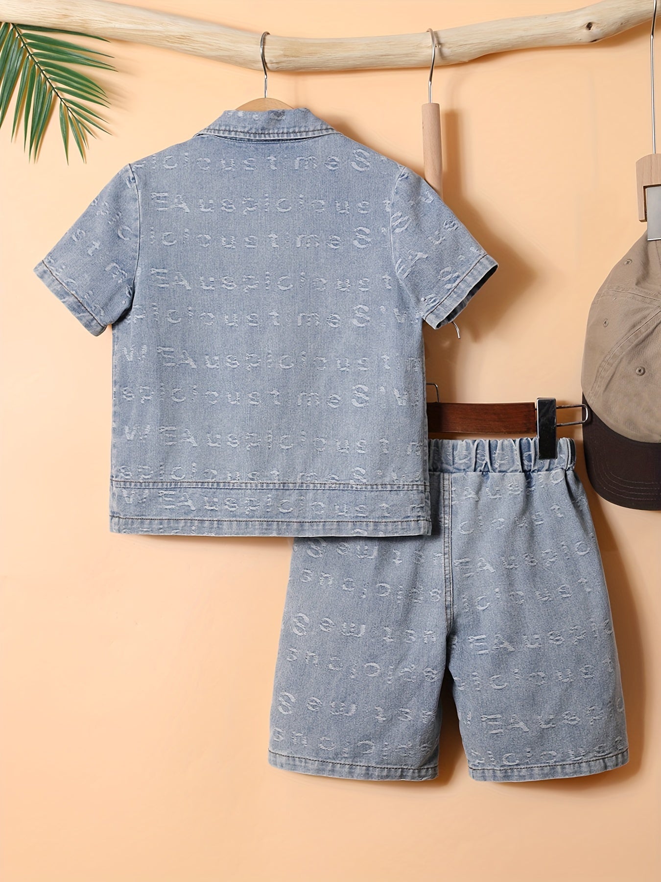 2pcs Boys Casual Letter Jacquard Print Denim Outfit, Versatile Short Sleeve Jacket & Shorts Set, Cool, Lightweight And Comfy Summer Clothes For Outdoor Wear