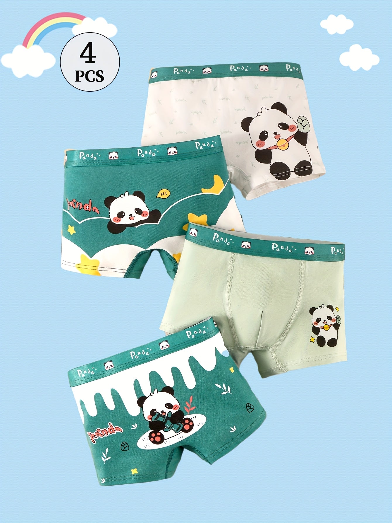 4pcs Boys' Panda Boxer Briefs - Soft, Breathable Cotton Underwear with Elastic Waistband, Cute Cartoon Panda Designs in Teal & Light Green, All-Season Comfort for Youngsters