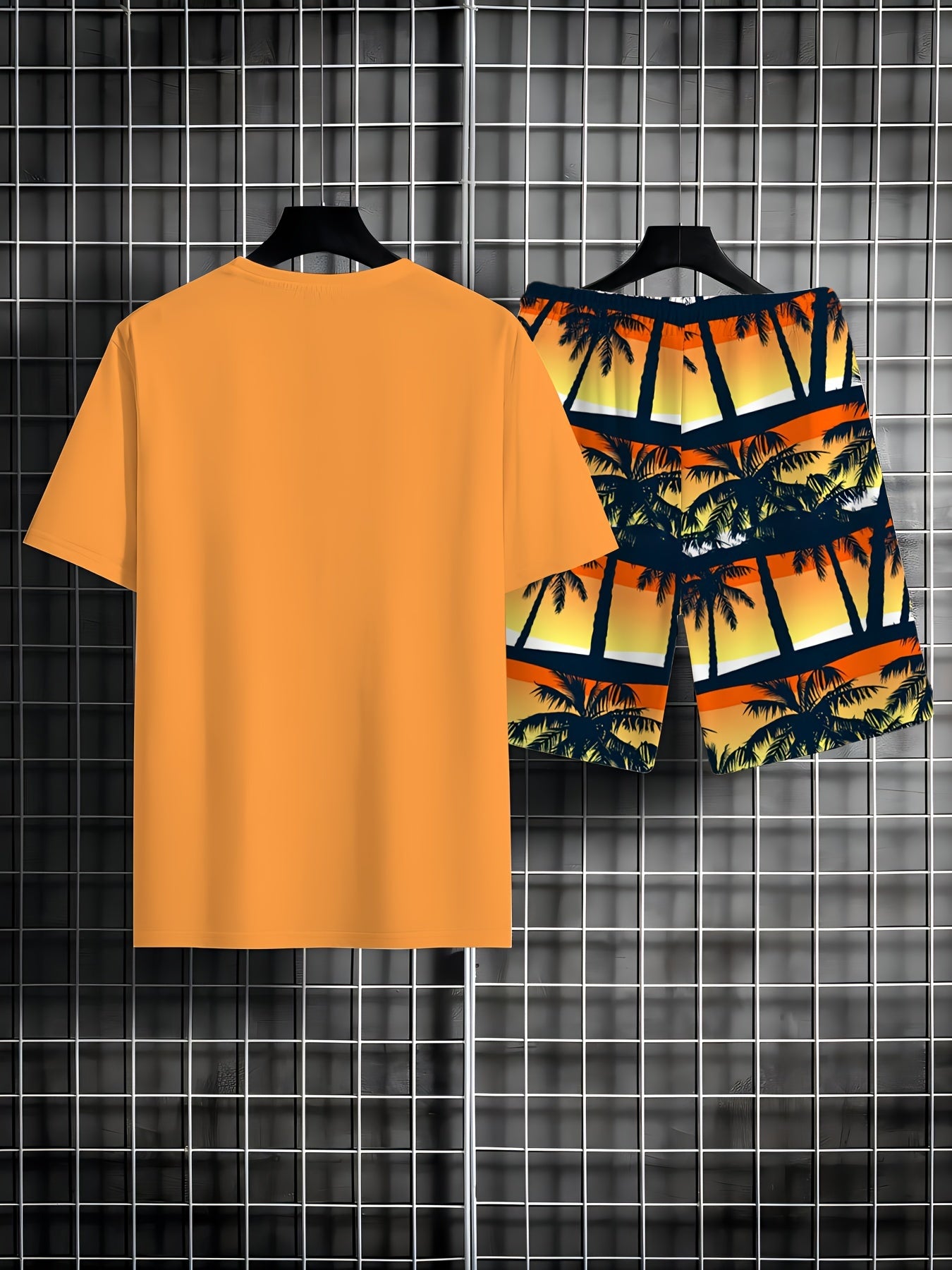 Men'S 2pcs Summer Beach Suit, Hawaiian Coconut Tree Print, Casual Crew Neck T-Shirt & Drawstring Shorts, Polyester Knit Fabric, Regular Fit, All Over Print, Outdoor Leisure Set