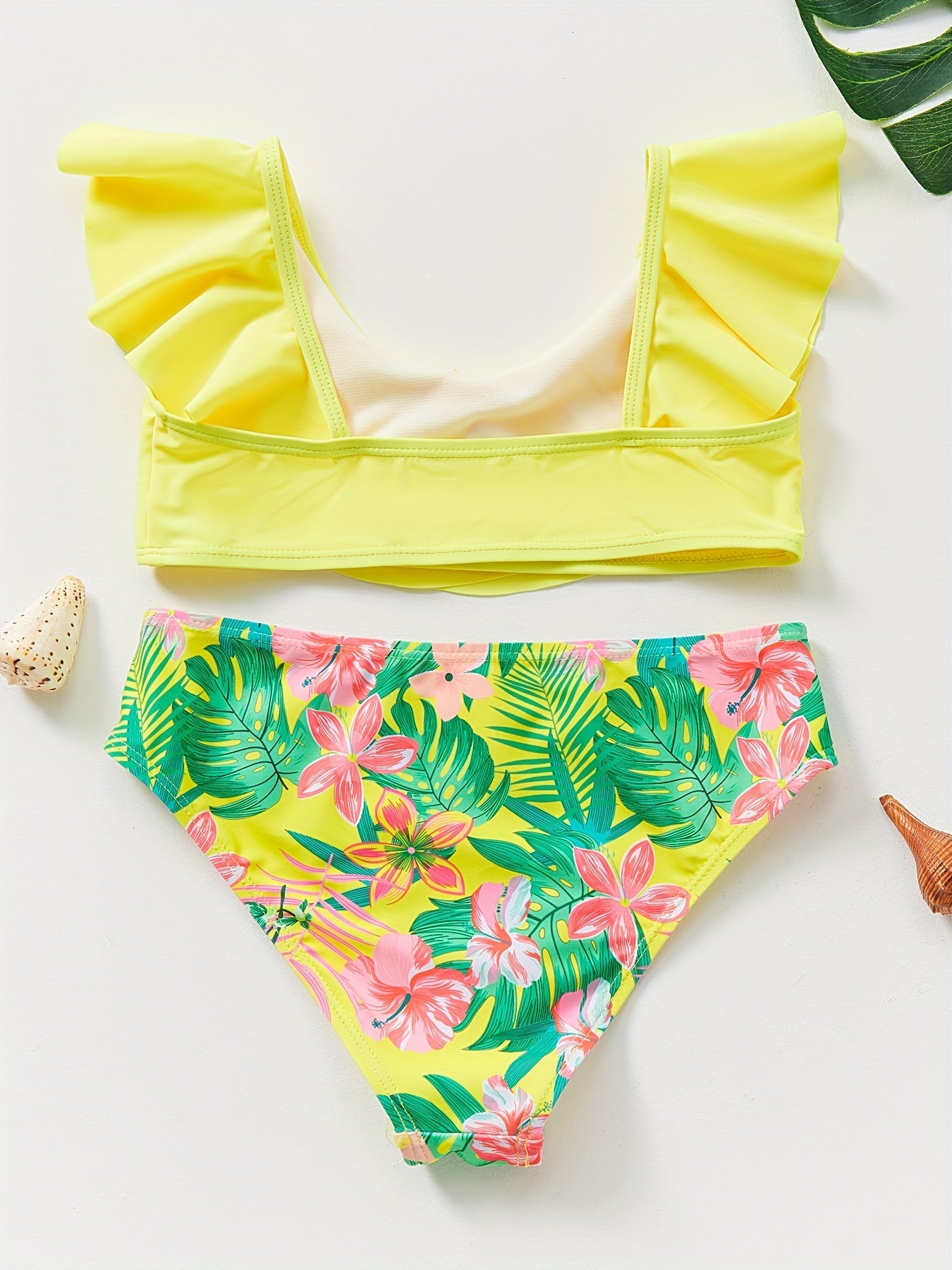 Chic Girls' Tropical Print Bikini Set with Ruffle Trim - Stretchy, Machine Washable Swimwear for Ages 5-14