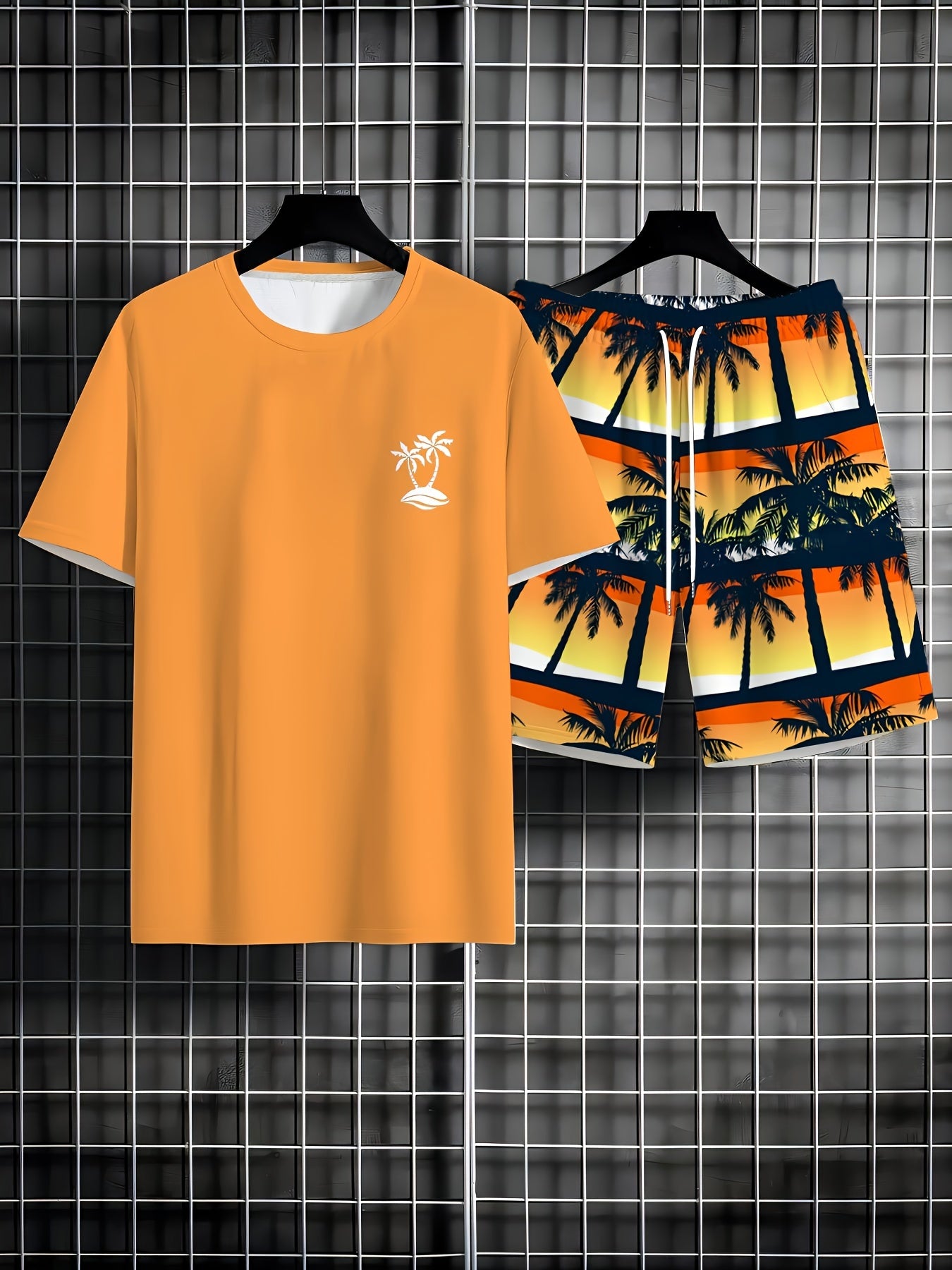 Men'S 2pcs Summer Beach Suit, Hawaiian Coconut Tree Print, Casual Crew Neck T-Shirt & Drawstring Shorts, Polyester Knit Fabric, Regular Fit, All Over Print, Outdoor Leisure Set