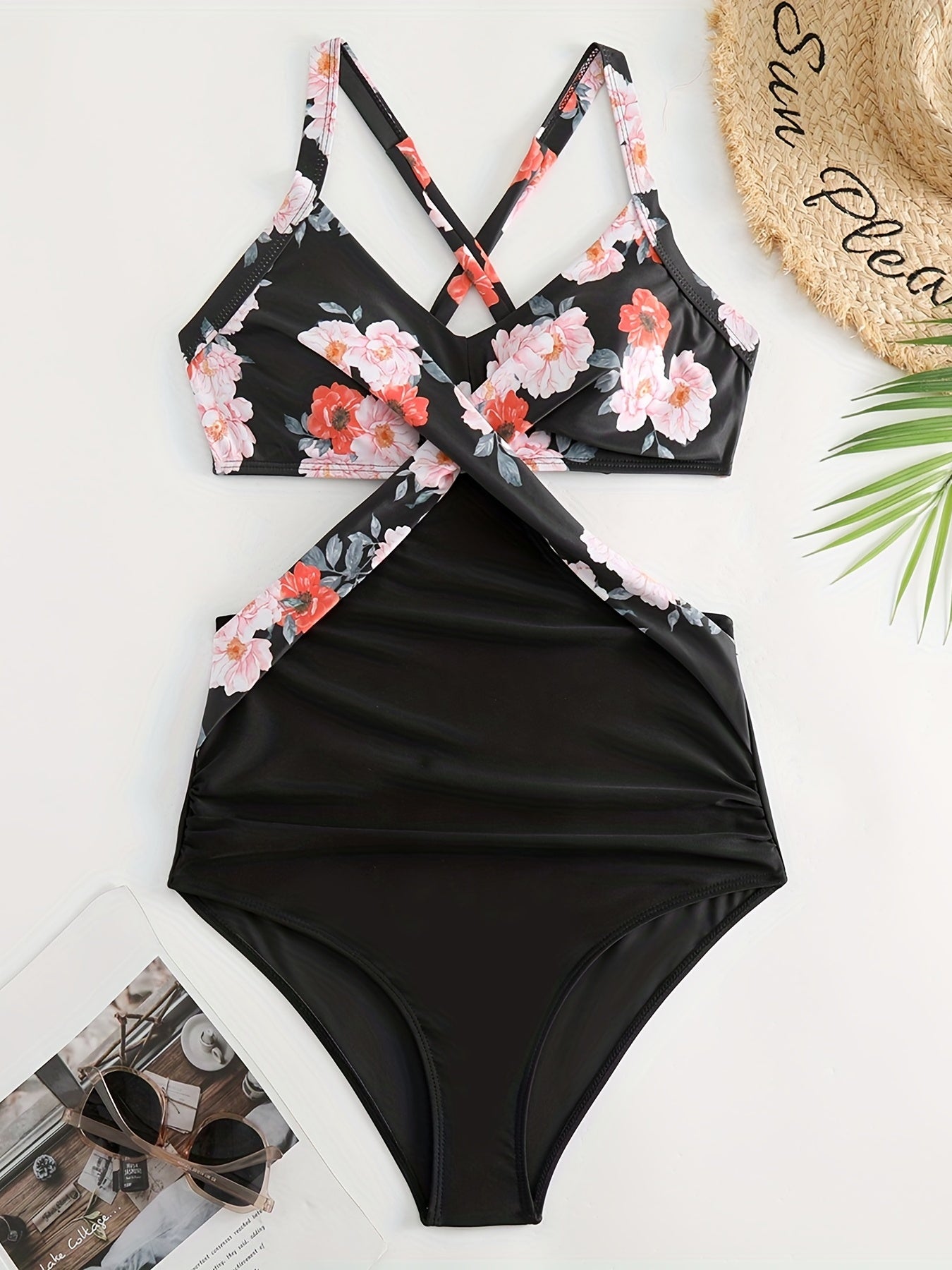 Random Print Criss Cross One Piece Swimsuit, Cut Out Tie Back Color Block High Cut Bathing Suit, Women's Swimwear & Clothing