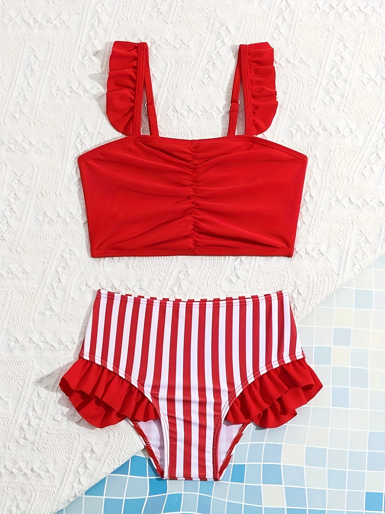 Girls Solid Color Pleated Bikini Set Top Striped Triangle Bottom Bikini Set Summer Beach