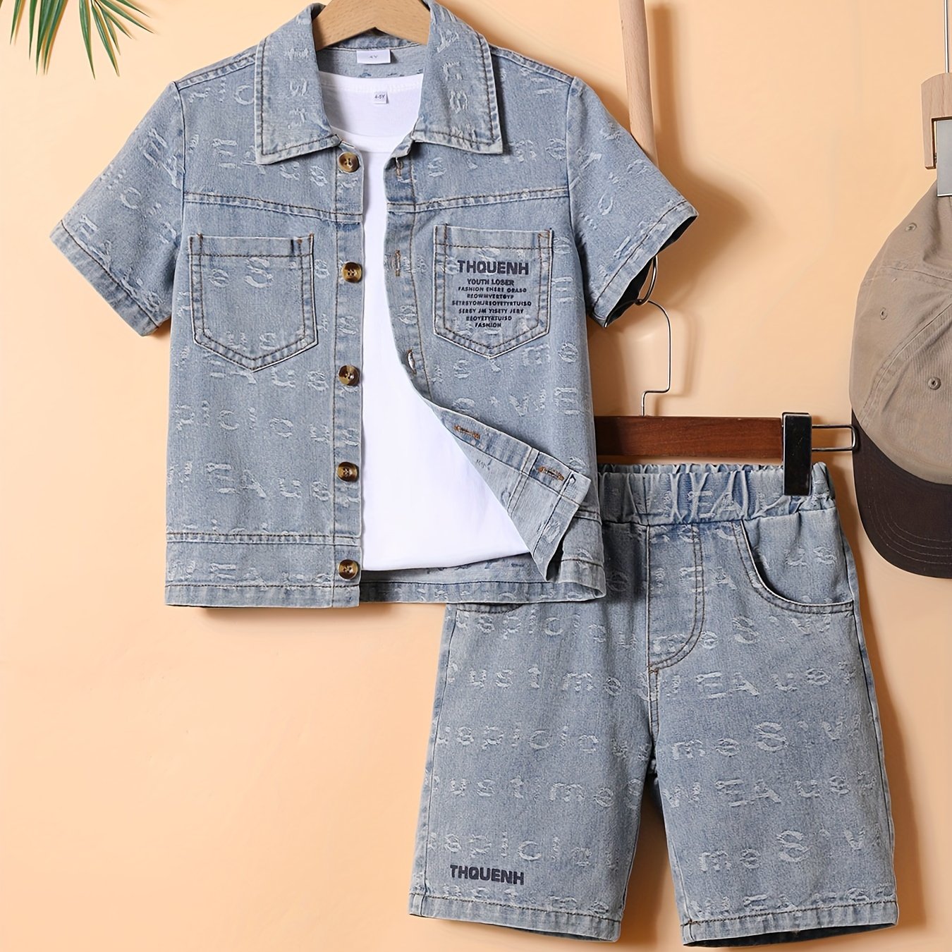2pcs Boys Casual Letter Jacquard Print Denim Outfit, Versatile Short Sleeve Jacket & Shorts Set, Cool, Lightweight And Comfy Summer Clothes For Outdoor Wear