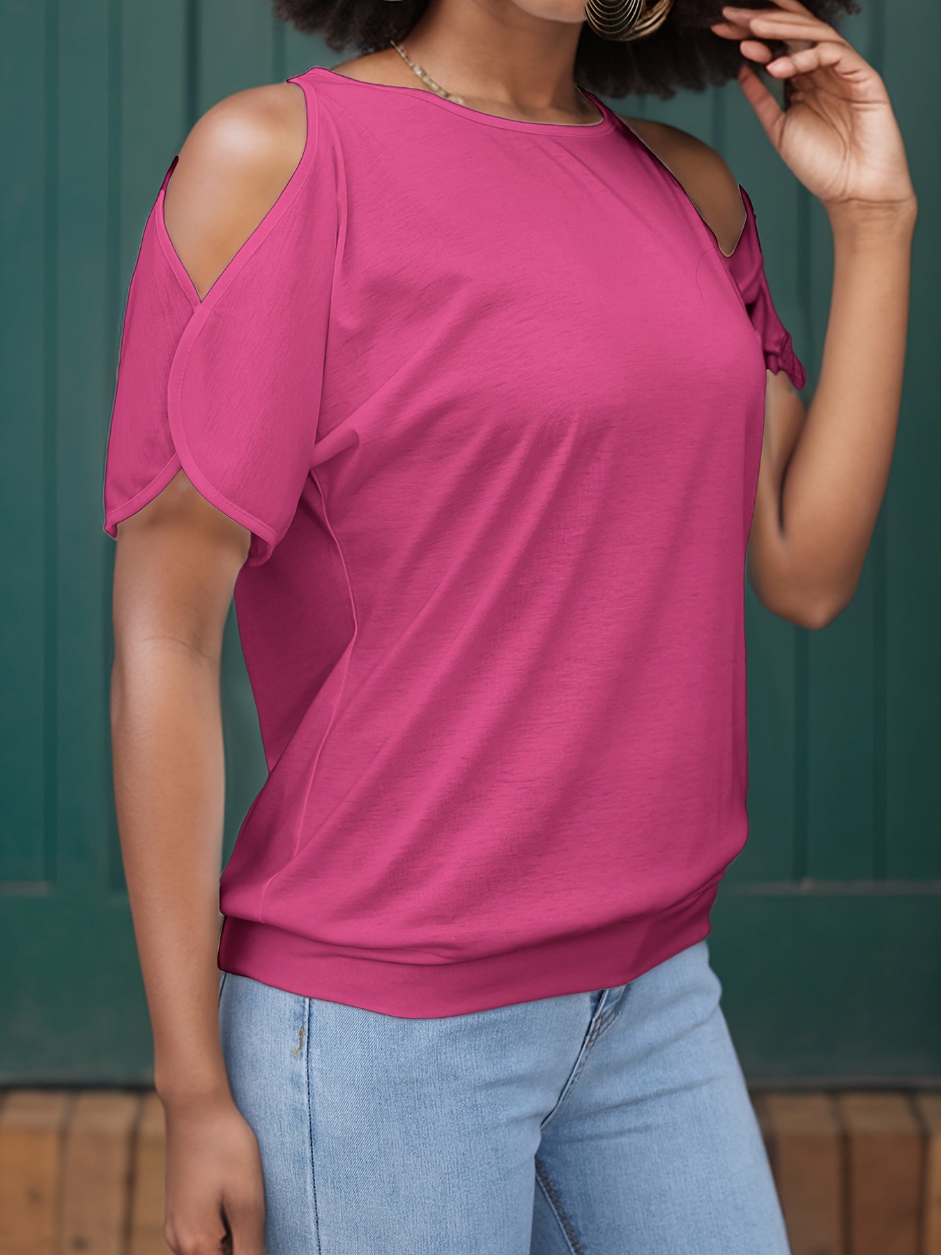 Women's Stylish Off-Shoulder Split Sleeve T-Shirt - Casual Crew Neck, Loose Fit, Solid Color, Polyester Knit Top for Casual Attire, Casual Wear Top | Elegant Style Tee | Soft Fabric Tee, Ladies T Shirts