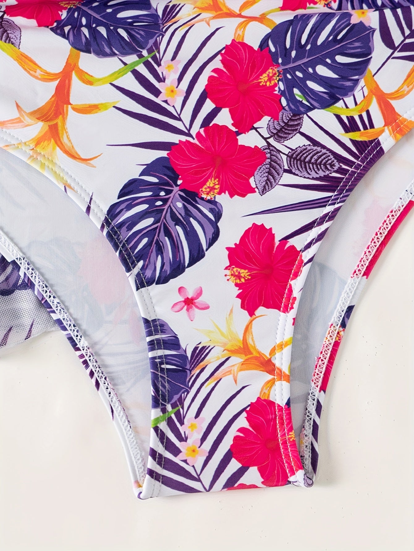 Women's 2025 New Bikini Set, 3-Piece, V-Neck, High Elasticity, Floral Print, Long Sleeves, Sheer Mesh, Knit Fabric, Swimwear, Beachwear