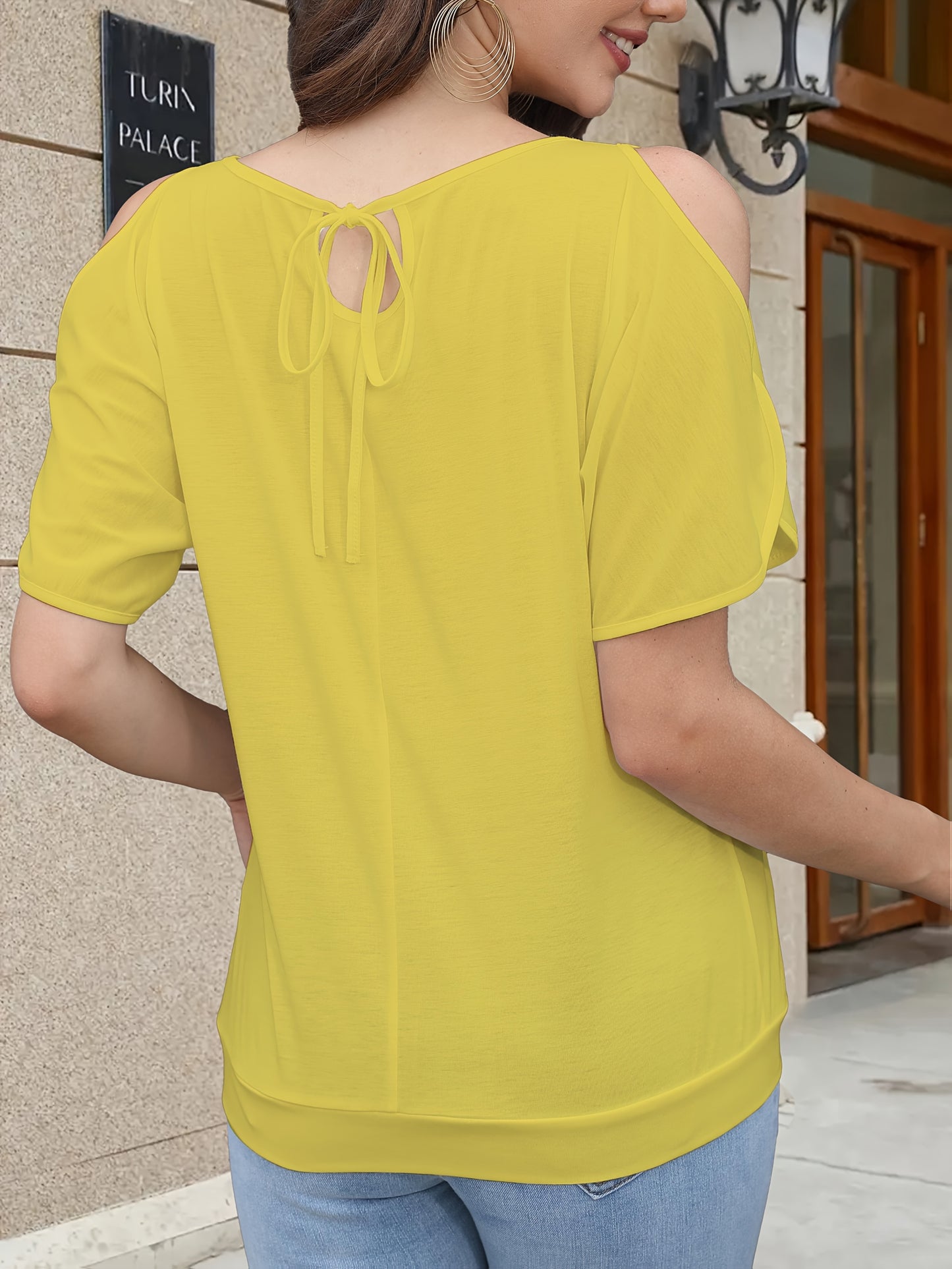 Women's Stylish Off-Shoulder Split Sleeve T-Shirt - Casual Crew Neck, Loose Fit, Solid Color, Polyester Knit Top for Casual Attire, Casual Wear Top | Elegant Style Tee | Soft Fabric Tee, Ladies T Shirts