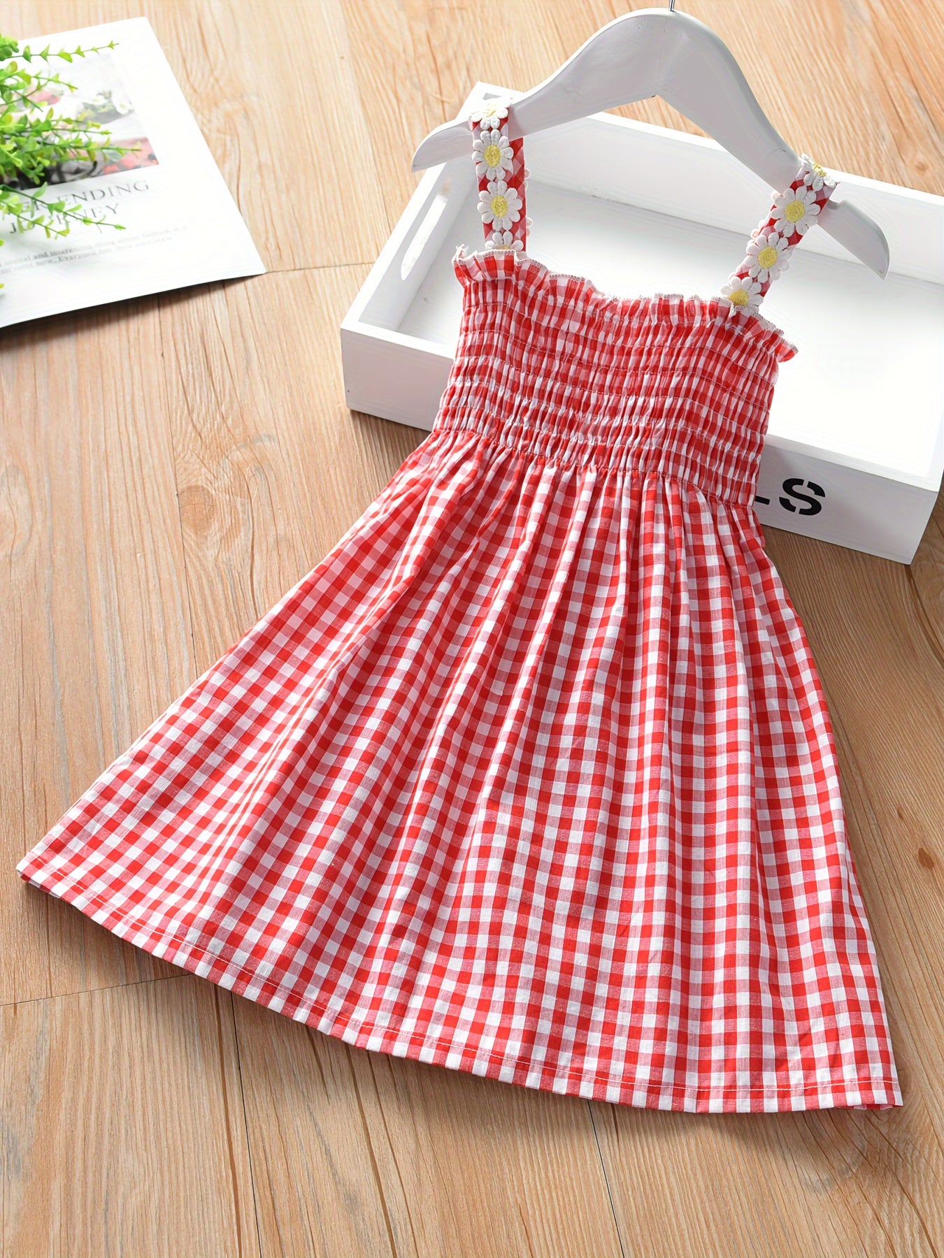 Comfy 95% Cotton Flower Decor Plaid Cami Dress Summer Party Gift For Girls