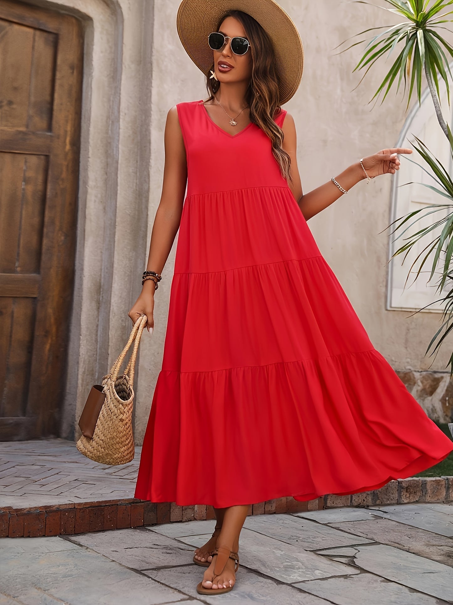 V Neck Tiered Tank Dress, Casual Sleeveless Loose Tank Dress For Spring & Summer, Women's Clothing