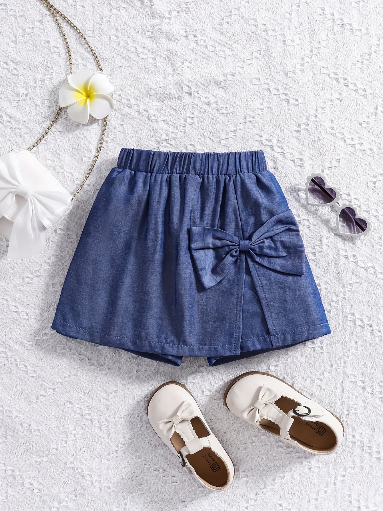 Girls' Elegant Faux Denim Shorts with Front Bow Detail - Stylish Rayon Blend, Comfortable Summer Casual Wear for Youngsters, Perfect for Parties and Outdoor Activities, Party Wear Shorts | Playful Accessory | Nontransparent M