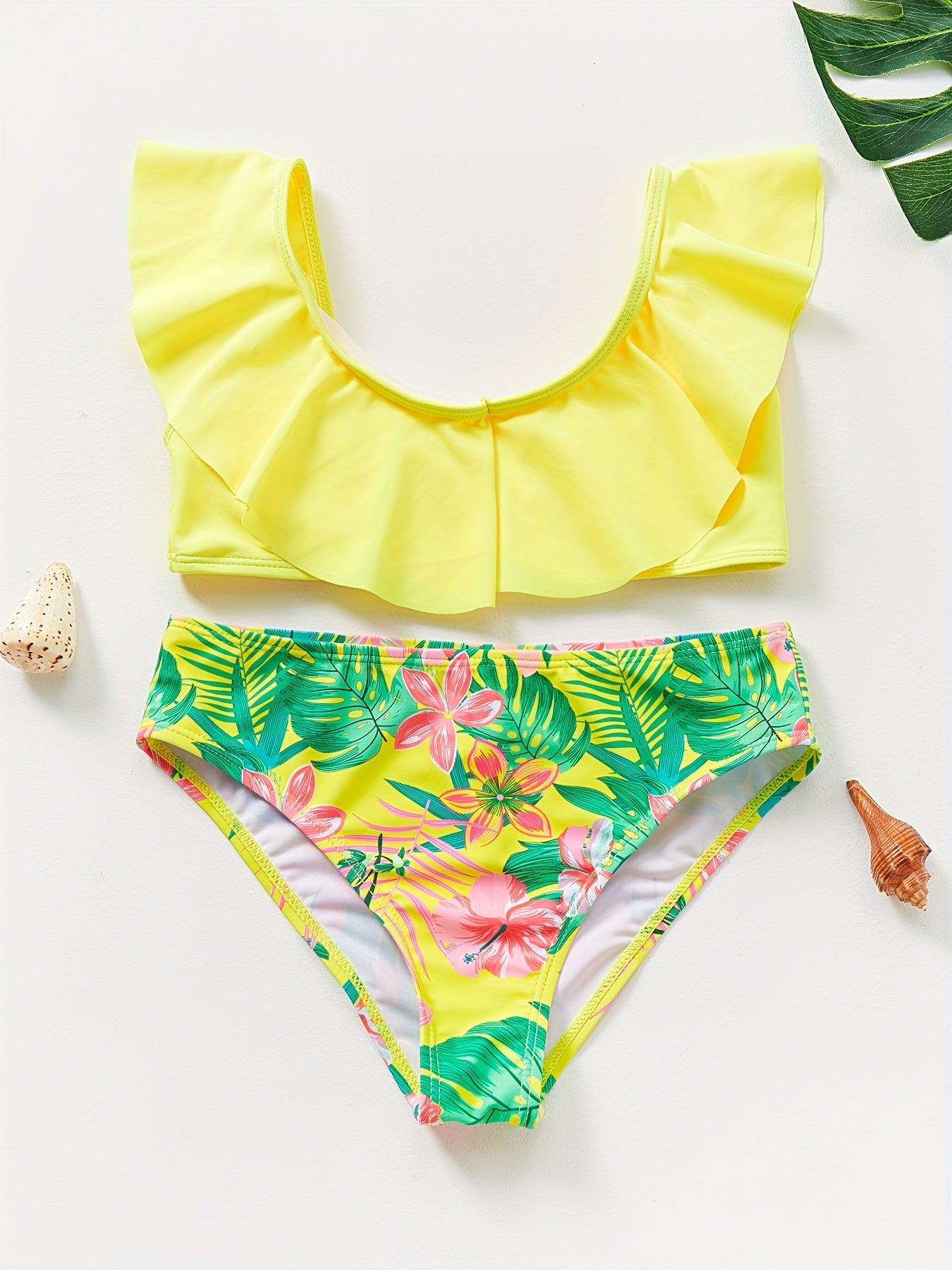 Chic Girls' Tropical Print Bikini Set with Ruffle Trim - Stretchy, Machine Washable Swimwear for Ages 5-14
