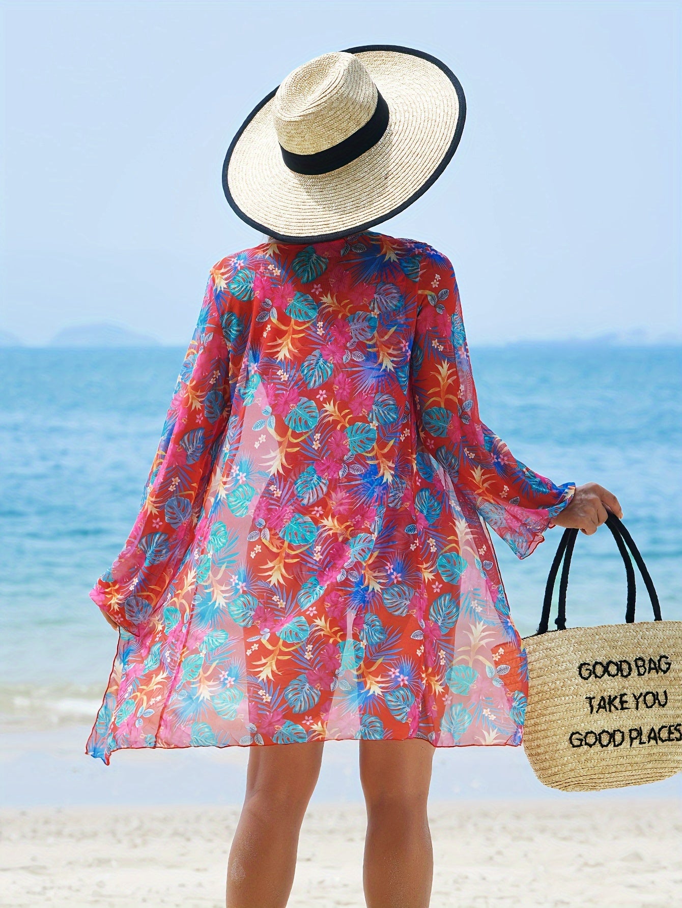 Women's 2025 New Bikini Set, 3-Piece, V-Neck, High Elasticity, Floral Print, Long Sleeves, Sheer Mesh, Knit Fabric, Swimwear, Beachwear