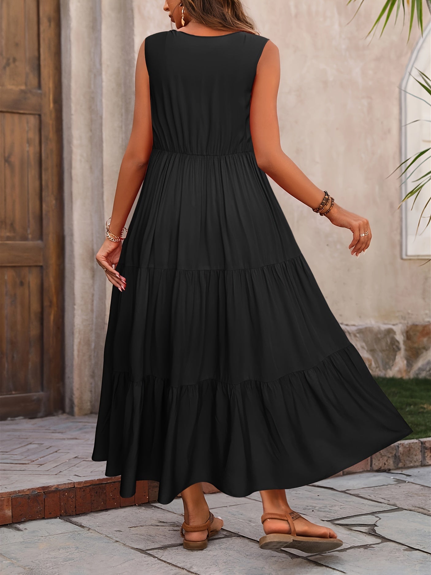 V Neck Tiered Tank Dress, Casual Sleeveless Loose Tank Dress For Spring & Summer, Women's Clothing