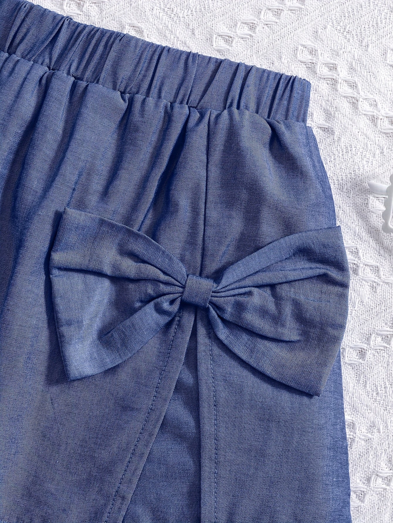 Girls' Elegant Faux Denim Shorts with Front Bow Detail - Stylish Rayon Blend, Comfortable Summer Casual Wear for Youngsters, Perfect for Parties and Outdoor Activities, Party Wear Shorts | Playful Accessory | Nontransparent M
