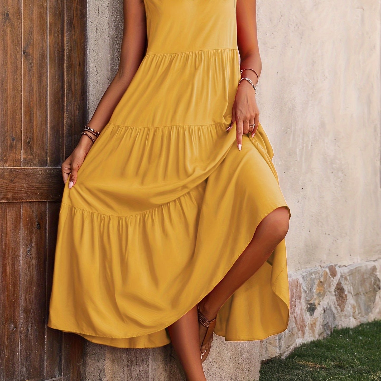 V Neck Tiered Tank Dress, Casual Sleeveless Loose Tank Dress For Spring & Summer, Women's Clothing