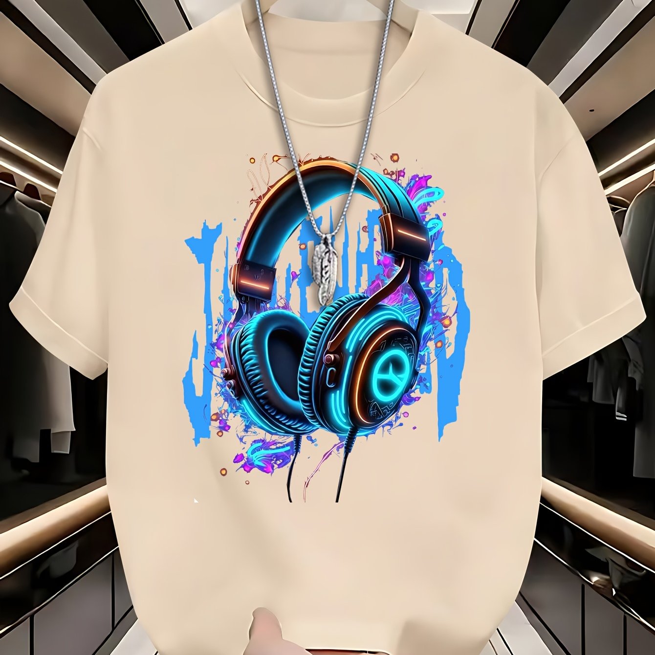 Youth Summer T-Shirt, 95% Polyester 5% Elastane, Casual Crew Neck Top with Geometric Headphones Print, Slight Stretch Knit Fabric, 200gsm, Regular Fit for Teen Boys