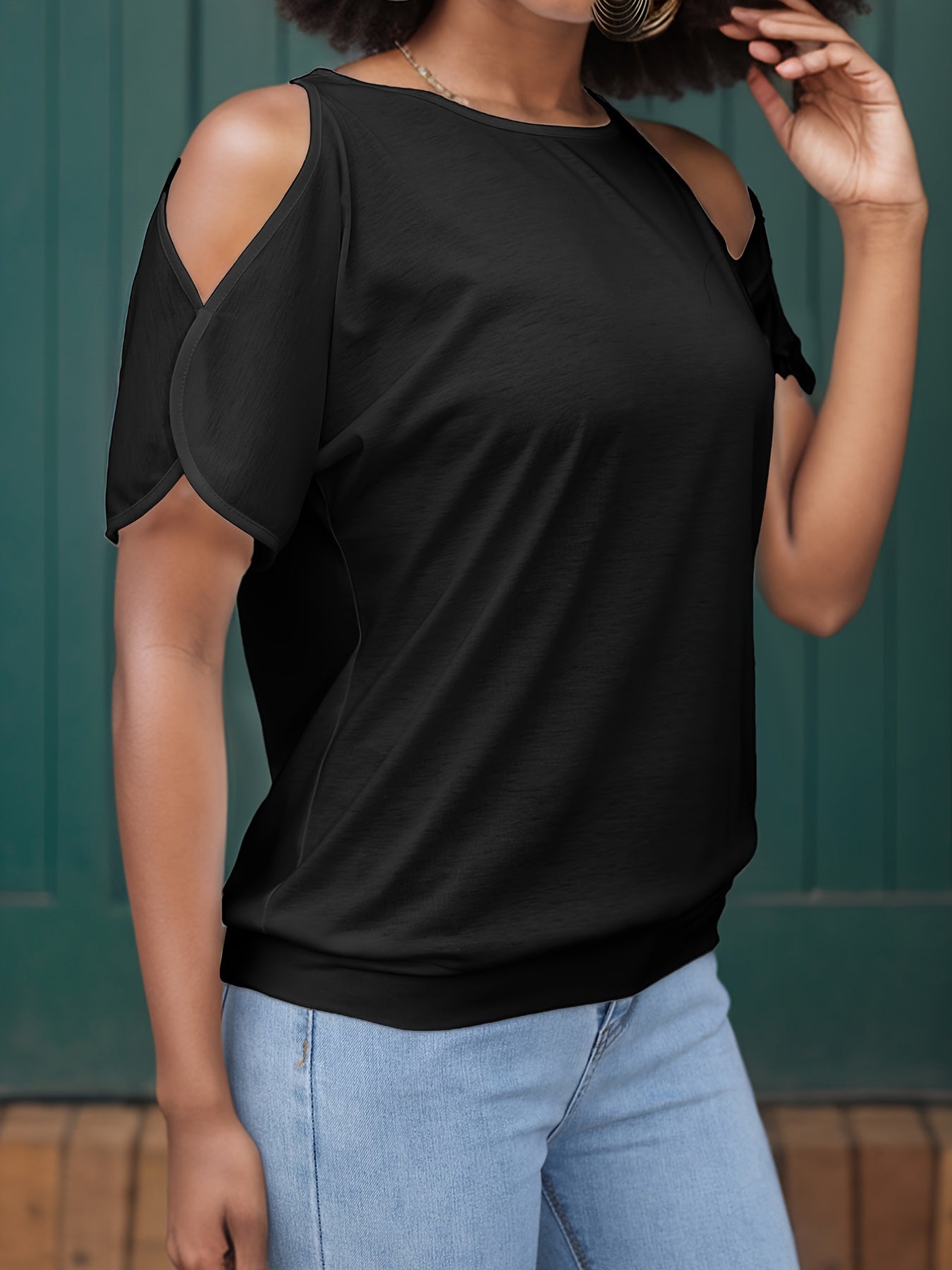 Women's Stylish Off-Shoulder Split Sleeve T-Shirt - Casual Crew Neck, Loose Fit, Solid Color, Polyester Knit Top for Casual Attire, Casual Wear Top | Elegant Style Tee | Soft Fabric Tee, Ladies T Shirts