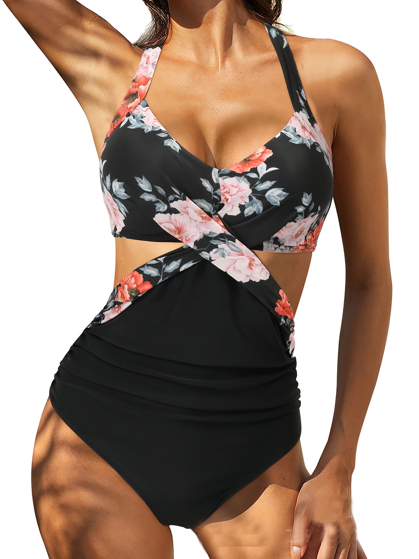 Random Print Criss Cross One Piece Swimsuit, Cut Out Tie Back Color Block High Cut Bathing Suit, Women's Swimwear & Clothing