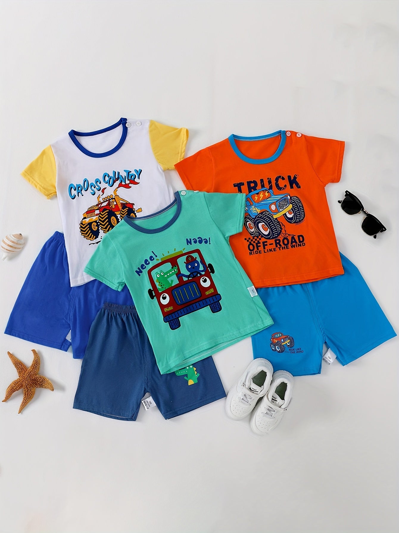 3 Sets Boy's Casual Cartoon Vehicle Print Comfortable Versatile Short Sleeve T-shirt & Shorts Set, Cool, Lightweight And Comfy Summer Daily And Outdoor Clothes!