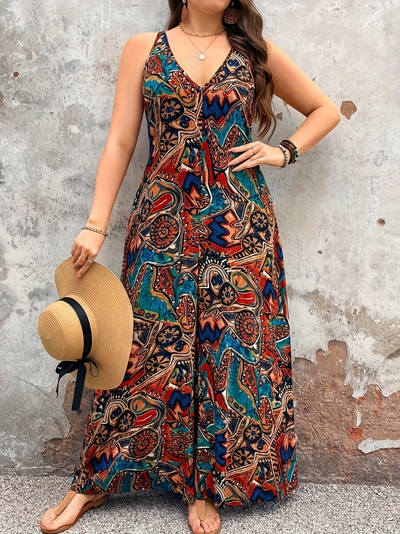 Plus Size Women's Elegant V-Neck Paisley Print Jumpsuit - Bohemian Ethnic Style Machine Washable Midi Jumpsuit for Casual & Formal Occasions, Ladies Jumpsuit, Versatile Fashion, Medium Stretch Fabric