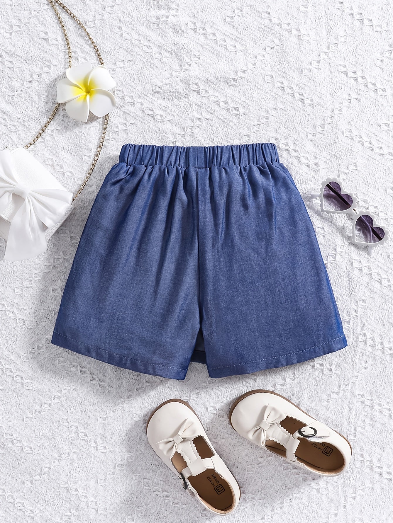 Girls' Elegant Faux Denim Shorts with Front Bow Detail - Stylish Rayon Blend, Comfortable Summer Casual Wear for Youngsters, Perfect for Parties and Outdoor Activities, Party Wear Shorts | Playful Accessory | Nontransparent M