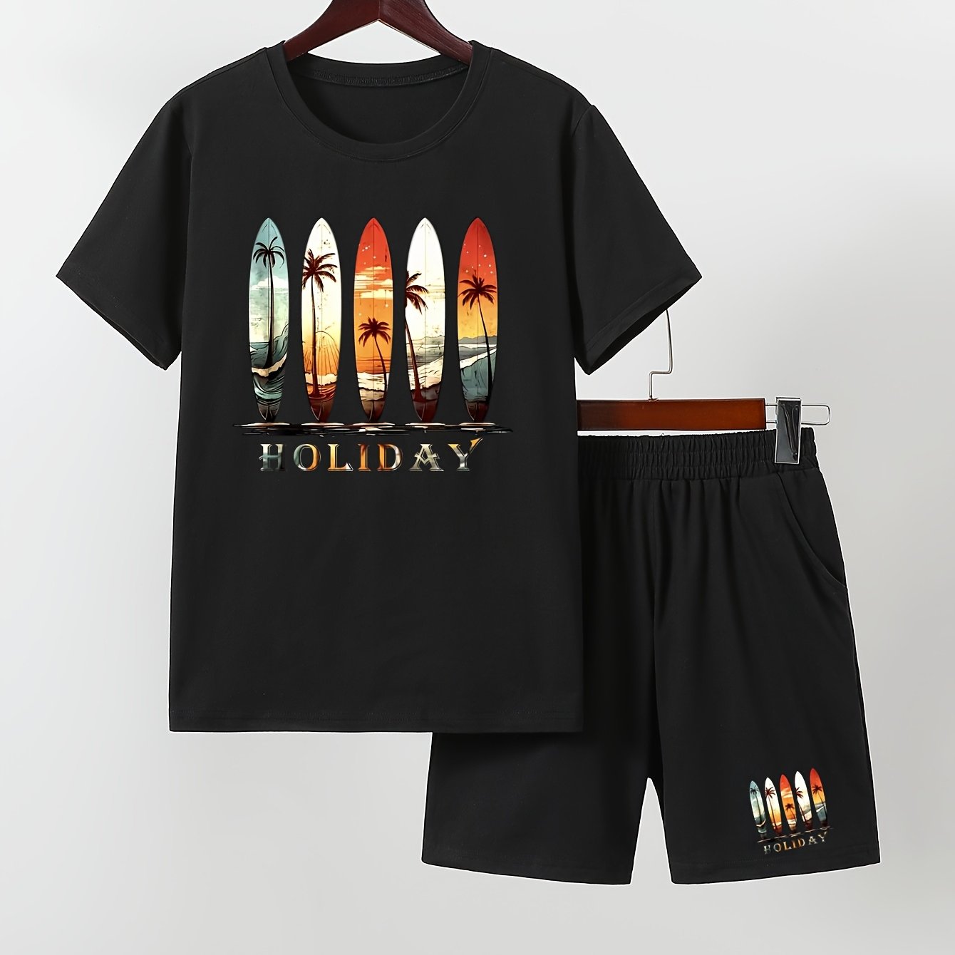 Outdoor Fashion Casual Summer Suit for Medium and Large Boys, Boy's Short Sleeve Set, Boy's Shorts Set, Colorful Print Beach Vacation Style, Perfect for Outdoor