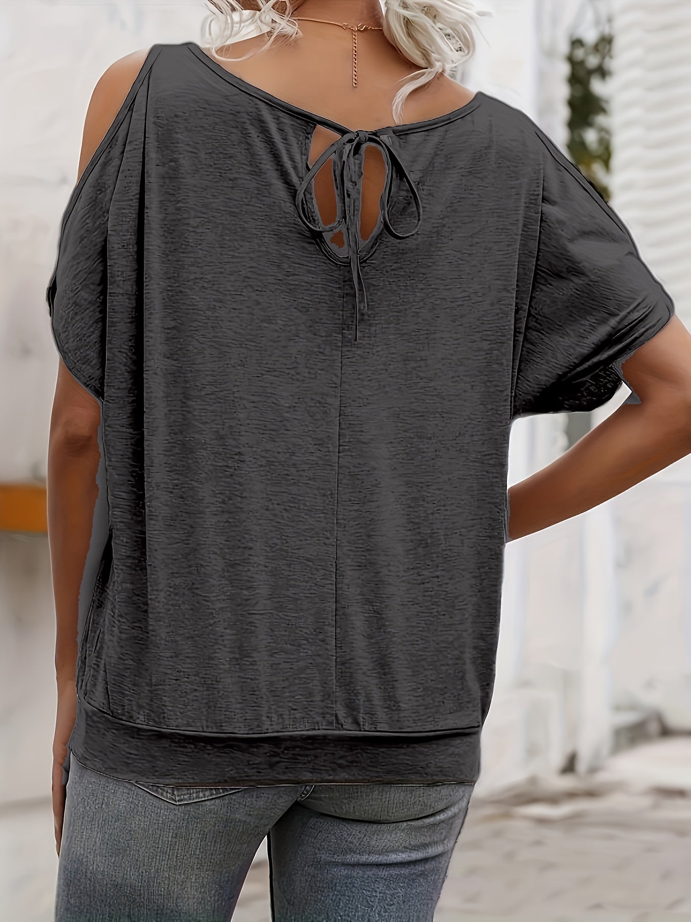 Women's Stylish Off-Shoulder Split Sleeve T-Shirt - Casual Crew Neck, Loose Fit, Solid Color, Polyester Knit Top for Casual Attire, Casual Wear Top | Elegant Style Tee | Soft Fabric Tee, Ladies T Shirts
