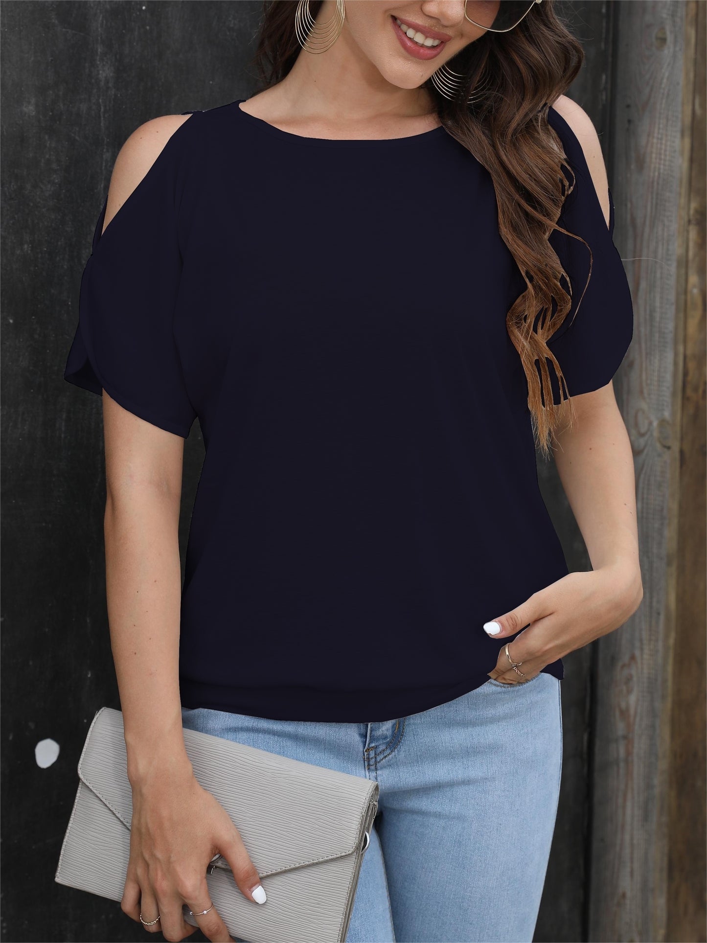 Women's Stylish Off-Shoulder Split Sleeve T-Shirt - Casual Crew Neck, Loose Fit, Solid Color, Polyester Knit Top for Casual Attire, Casual Wear Top | Elegant Style Tee | Soft Fabric Tee, Ladies T Shirts