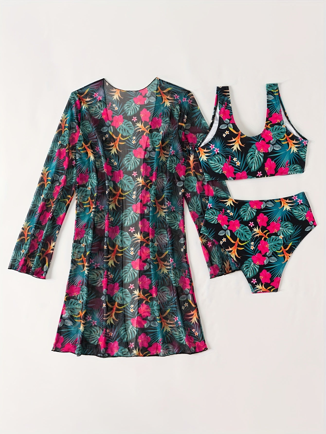 Women's 2025 New Bikini Set, 3-Piece, V-Neck, High Elasticity, Floral Print, Long Sleeves, Sheer Mesh, Knit Fabric, Swimwear, Beachwear