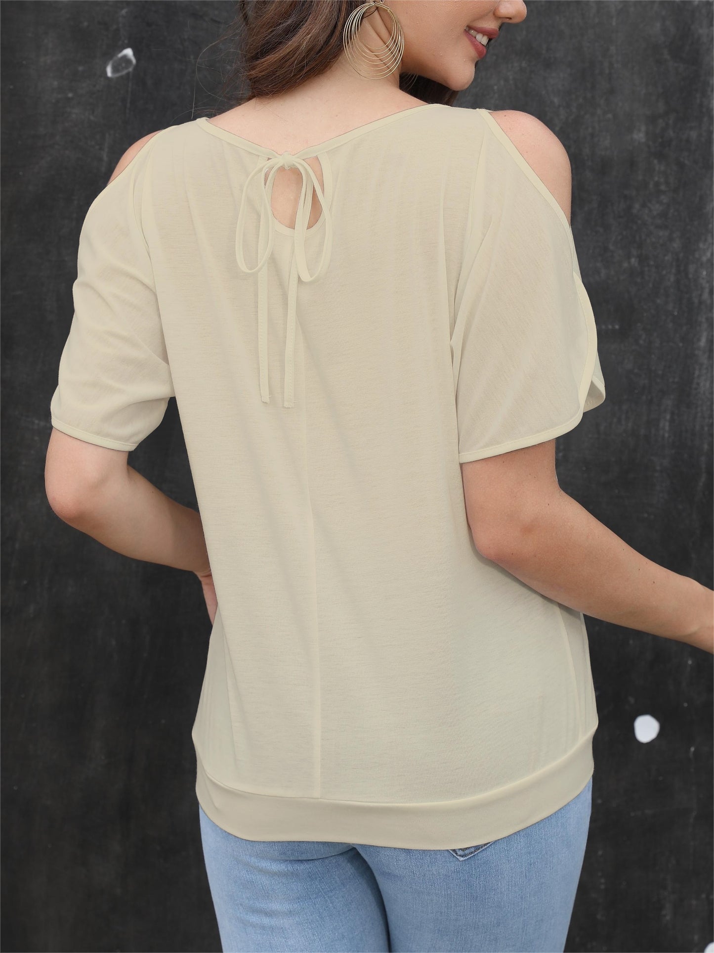 Women's Stylish Off-Shoulder Split Sleeve T-Shirt - Casual Crew Neck, Loose Fit, Solid Color, Polyester Knit Top for Casual Attire, Casual Wear Top | Elegant Style Tee | Soft Fabric Tee, Ladies T Shirts