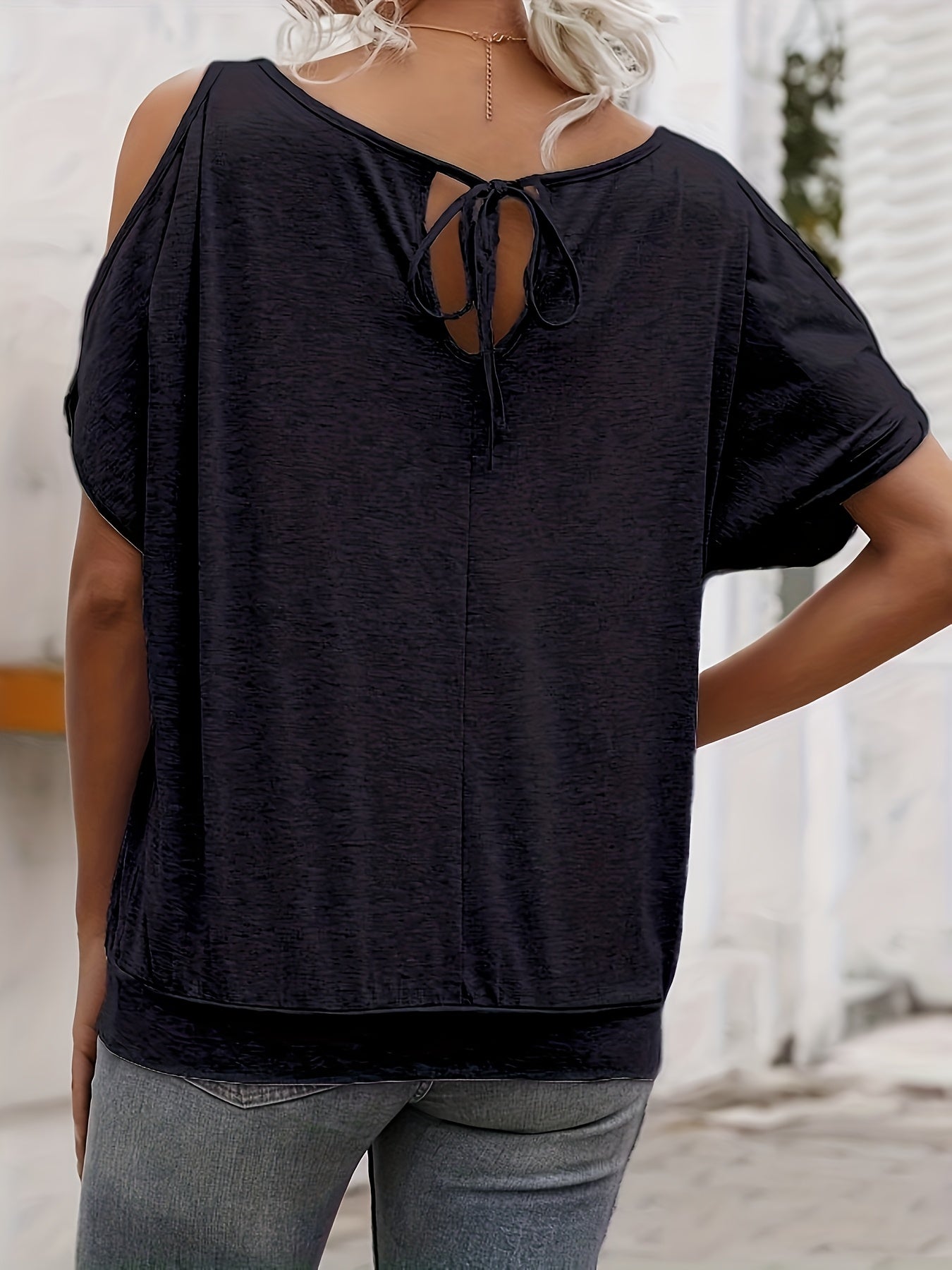 Women's Stylish Off-Shoulder Split Sleeve T-Shirt - Casual Crew Neck, Loose Fit, Solid Color, Polyester Knit Top for Casual Attire, Casual Wear Top | Elegant Style Tee | Soft Fabric Tee, Ladies T Shirts