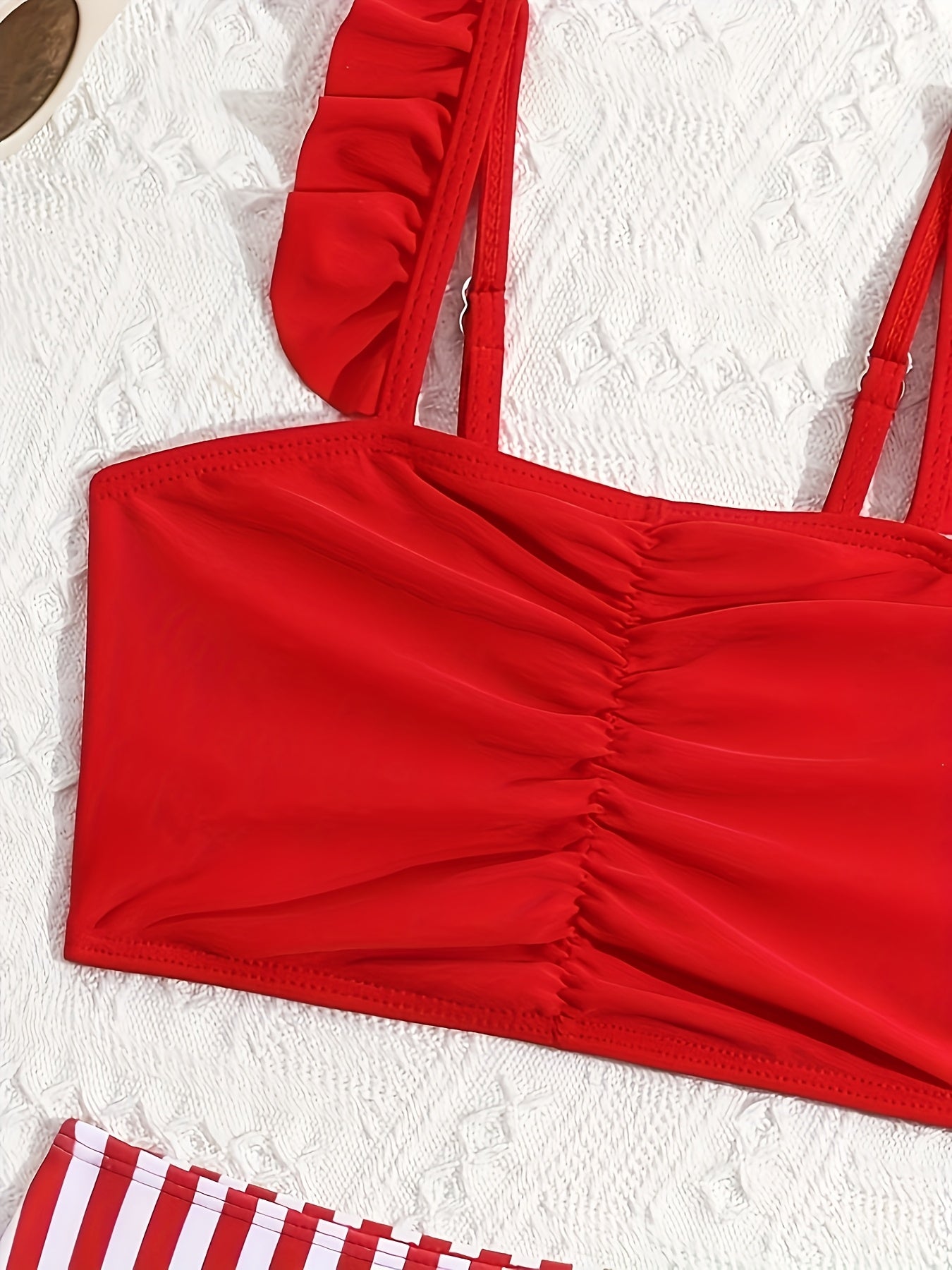 Girls Solid Color Pleated Bikini Set Top Striped Triangle Bottom Bikini Set Summer Beach