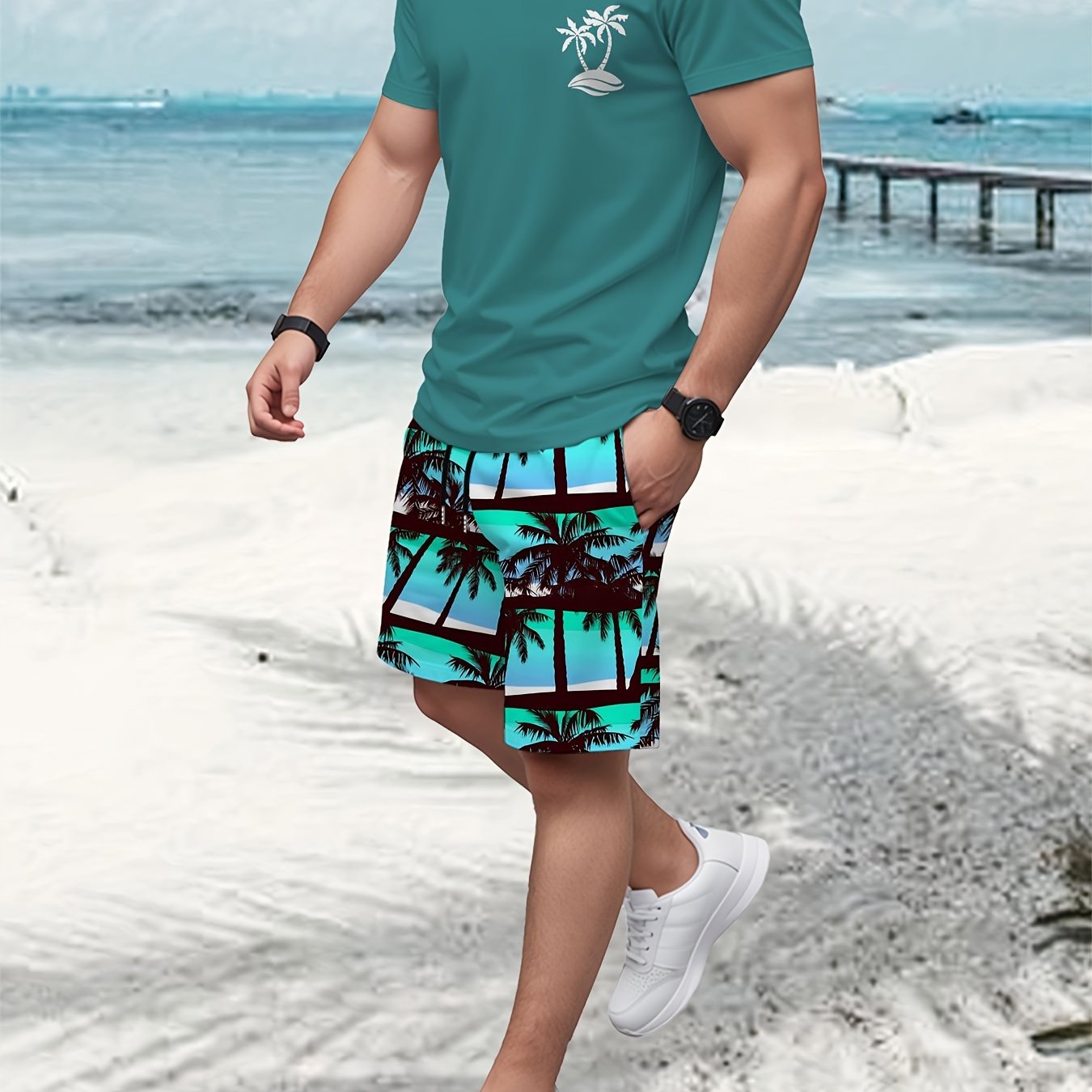 Men'S 2pcs Summer Beach Suit, Hawaiian Coconut Tree Print, Casual Crew Neck T-Shirt & Drawstring Shorts, Polyester Knit Fabric, Regular Fit, All Over Print, Outdoor Leisure Set