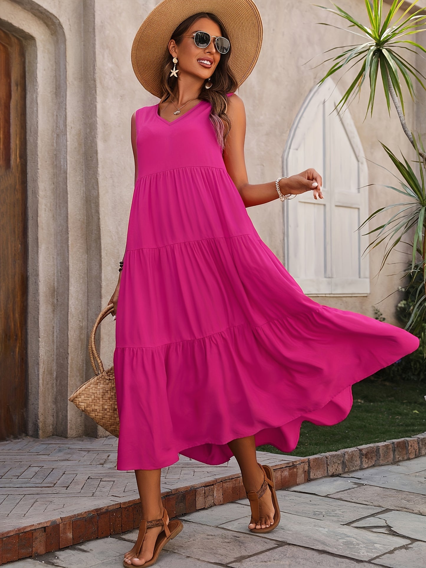 V Neck Tiered Tank Dress, Casual Sleeveless Loose Tank Dress For Spring & Summer, Women's Clothing