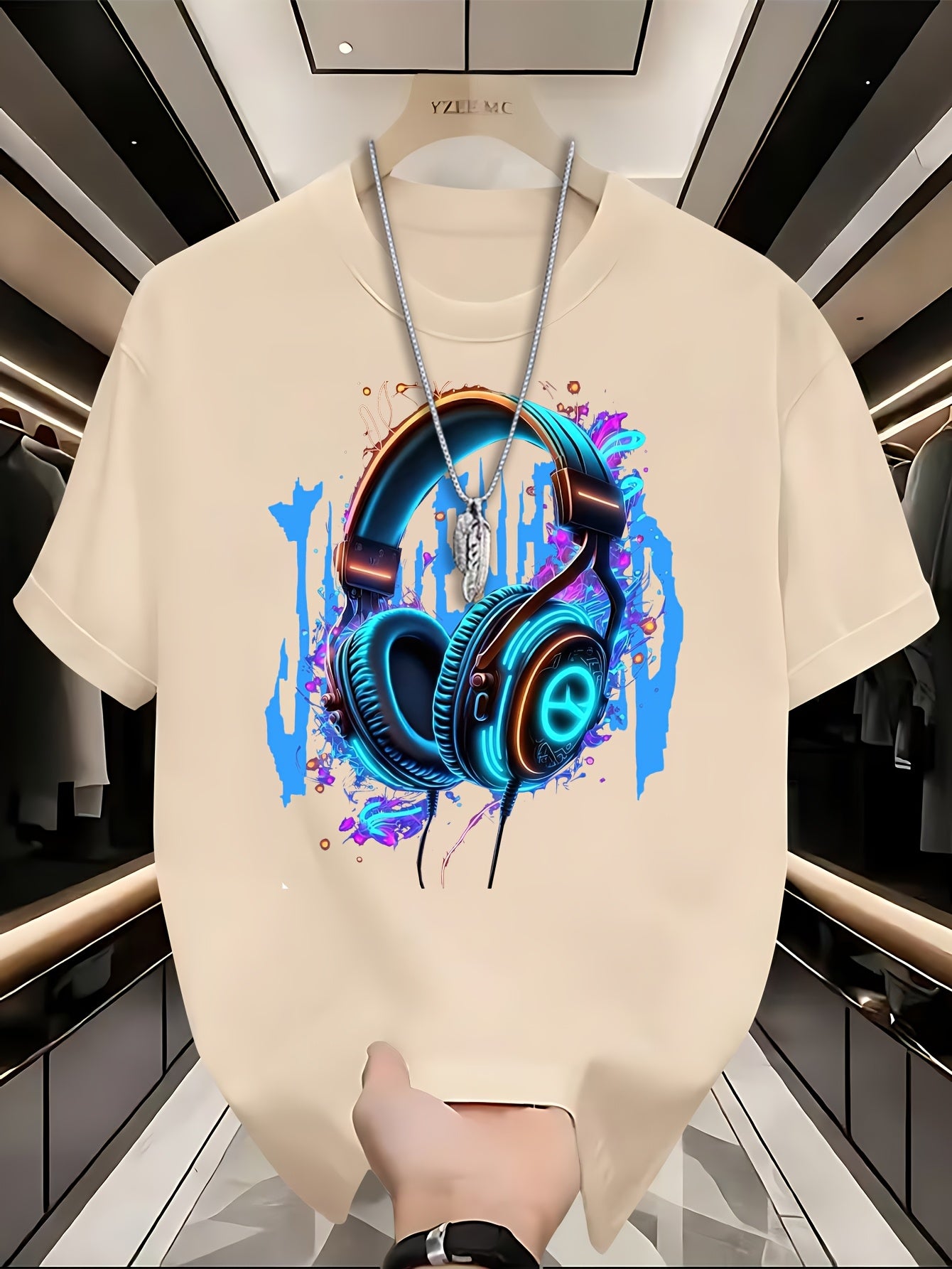 Youth Summer T-Shirt, 95% Polyester 5% Elastane, Casual Crew Neck Top with Geometric Headphones Print, Slight Stretch Knit Fabric, 200gsm, Regular Fit for Teen Boys