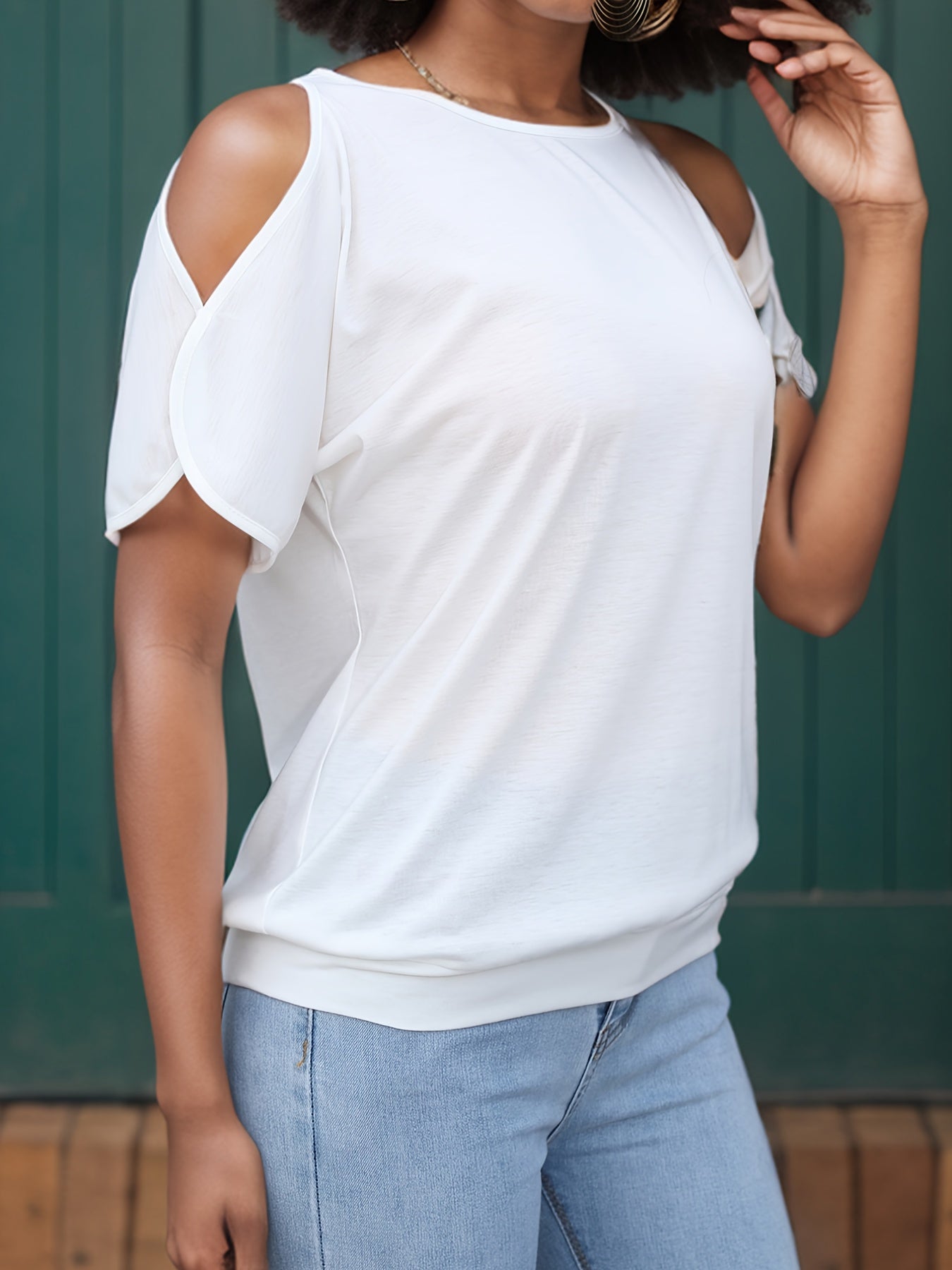Women's Stylish Off-Shoulder Split Sleeve T-Shirt - Casual Crew Neck, Loose Fit, Solid Color, Polyester Knit Top for Casual Attire, Casual Wear Top | Elegant Style Tee | Soft Fabric Tee, Ladies T Shirts