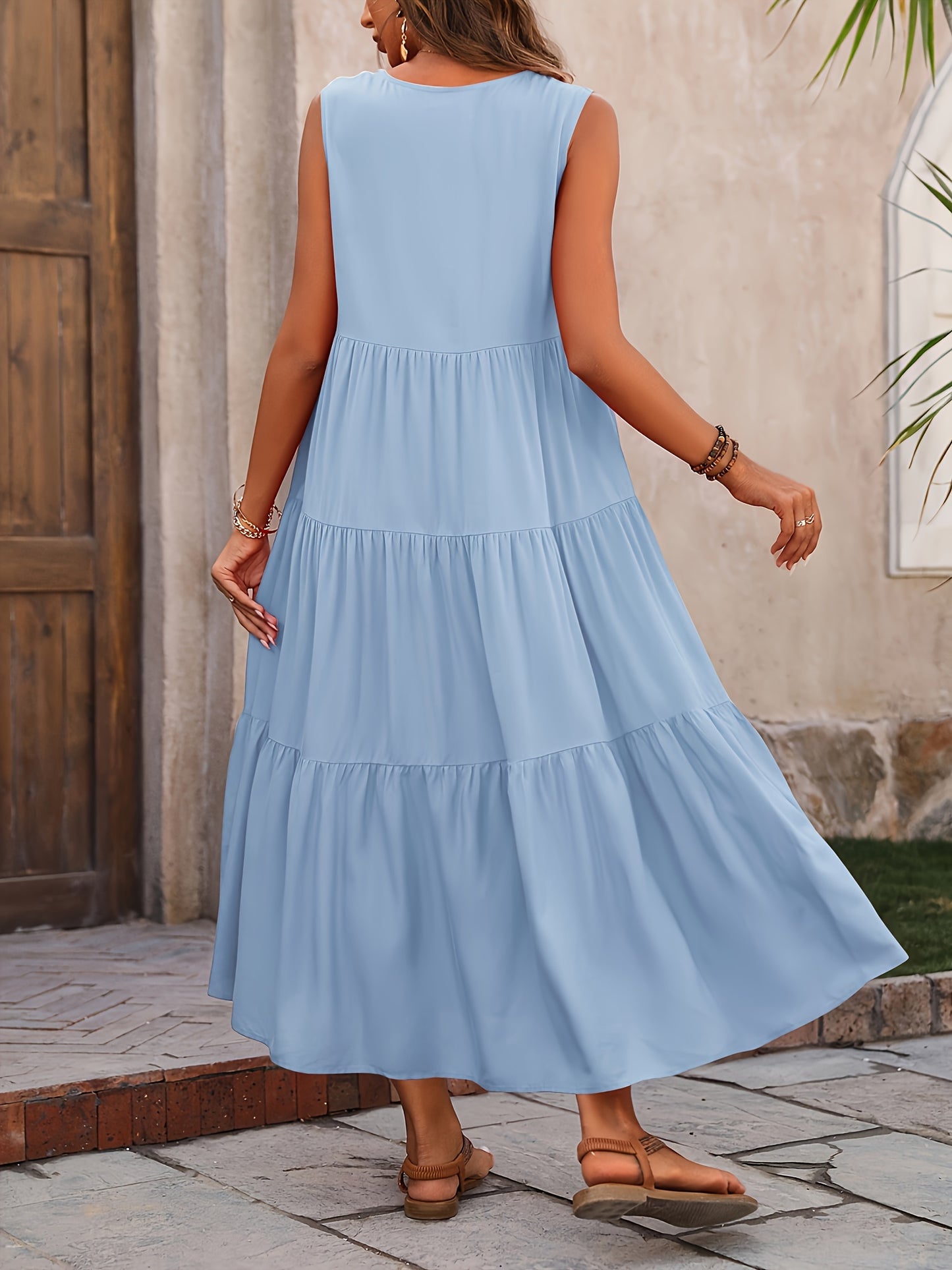 V Neck Tiered Tank Dress, Casual Sleeveless Loose Tank Dress For Spring & Summer, Women's Clothing