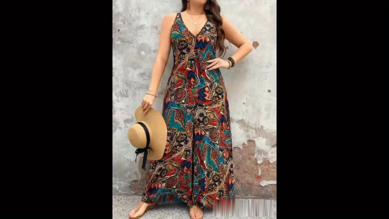 Plus Size Women's Elegant V-Neck Paisley Print Jumpsuit - Bohemian Ethnic Style Machine Washable Midi Jumpsuit for Casual & Formal Occasions, Ladies Jumpsuit, Versatile Fashion, Medium Stretch Fabric